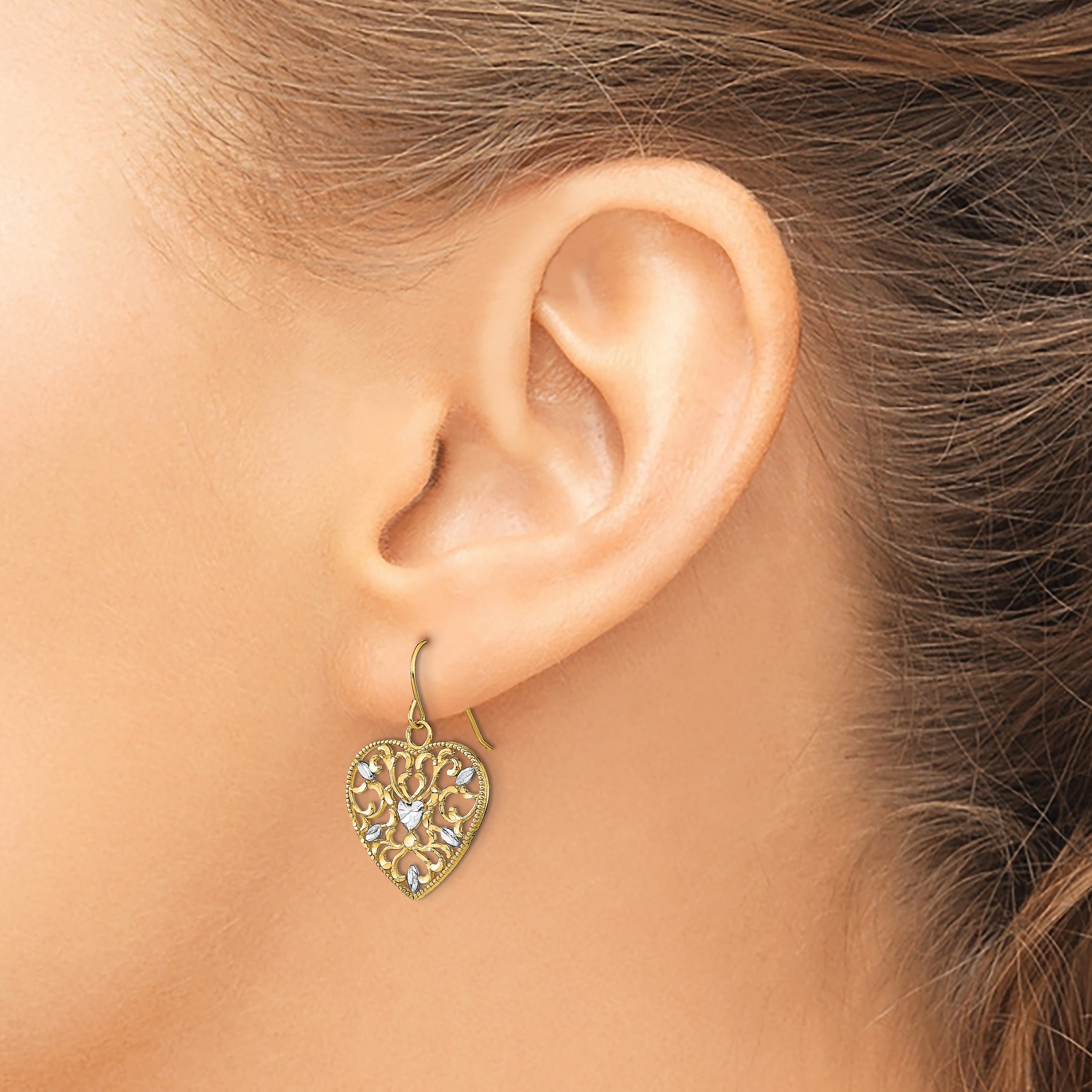 14k w/ RH Filigree Cut-Out Heart Wire Earrings