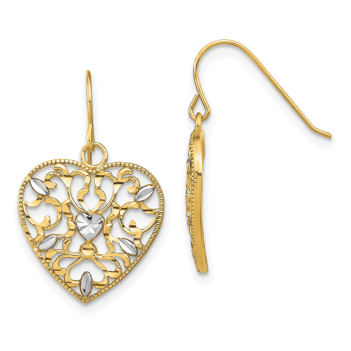 Filigree Cut-Out Heart Wire Dangle Earrings in 14K Yellow Gold - Sophia Jewelers Main image