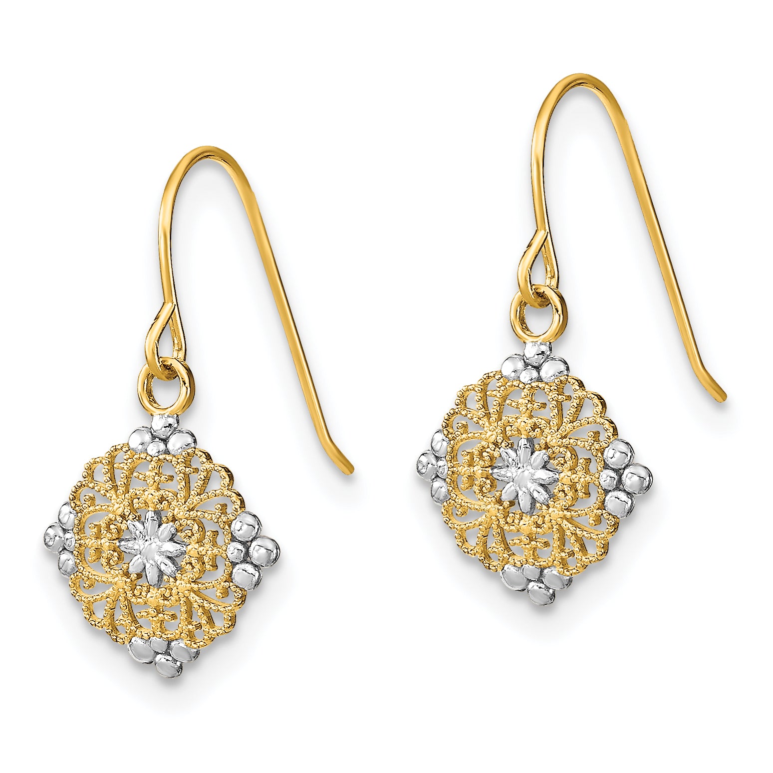 14K w/Rhodium D/C Center Mini Filigree Medallion Earrings Secondary image