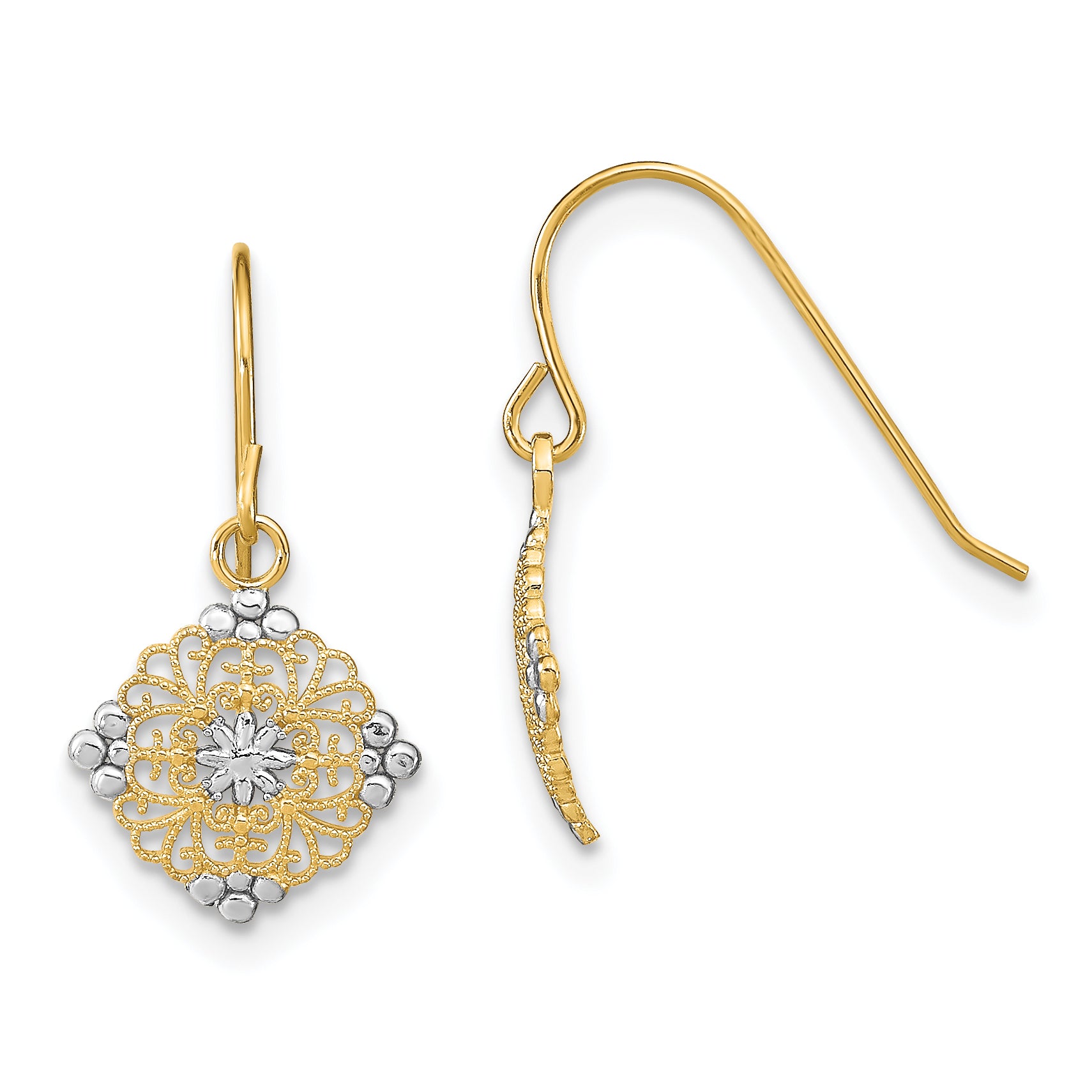 14K w/Rhodium D/C Center Mini Filigree Medallion Earrings Main image