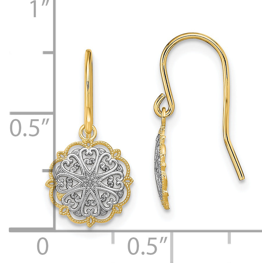 14K and Rhodium Fancy Dangle Wire Earrings