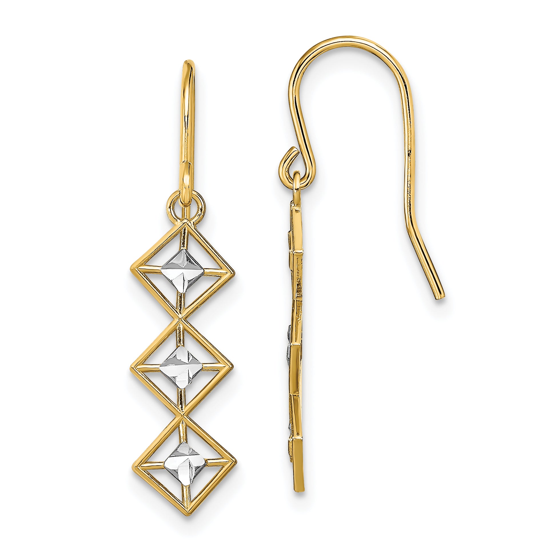 14K w/Rhodium Fancy Diamond-cut Dangle Wire Earrings Main image