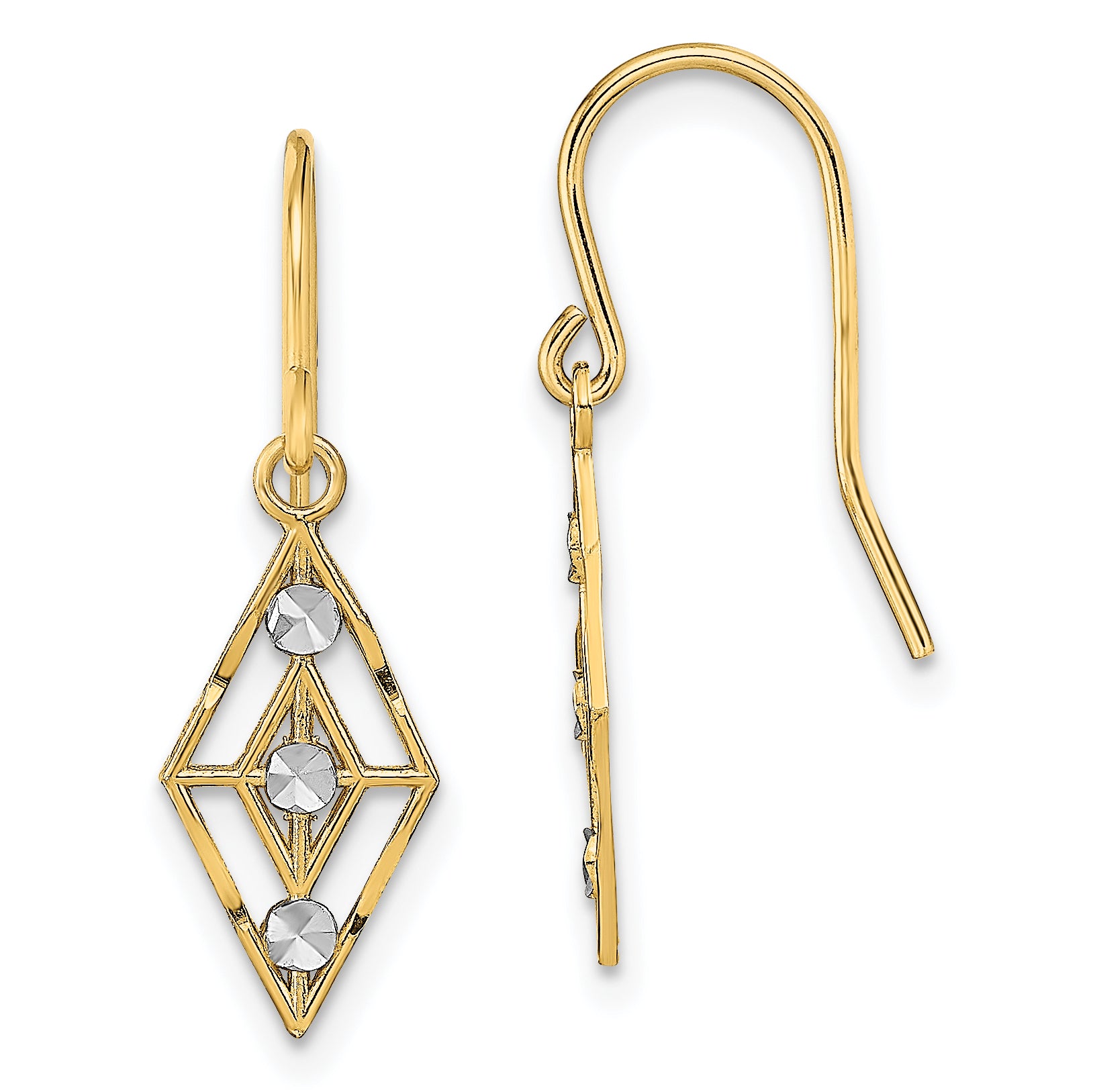 14K w/Rhodium Diamond-cut Small Diamond Shape Wire Earrings