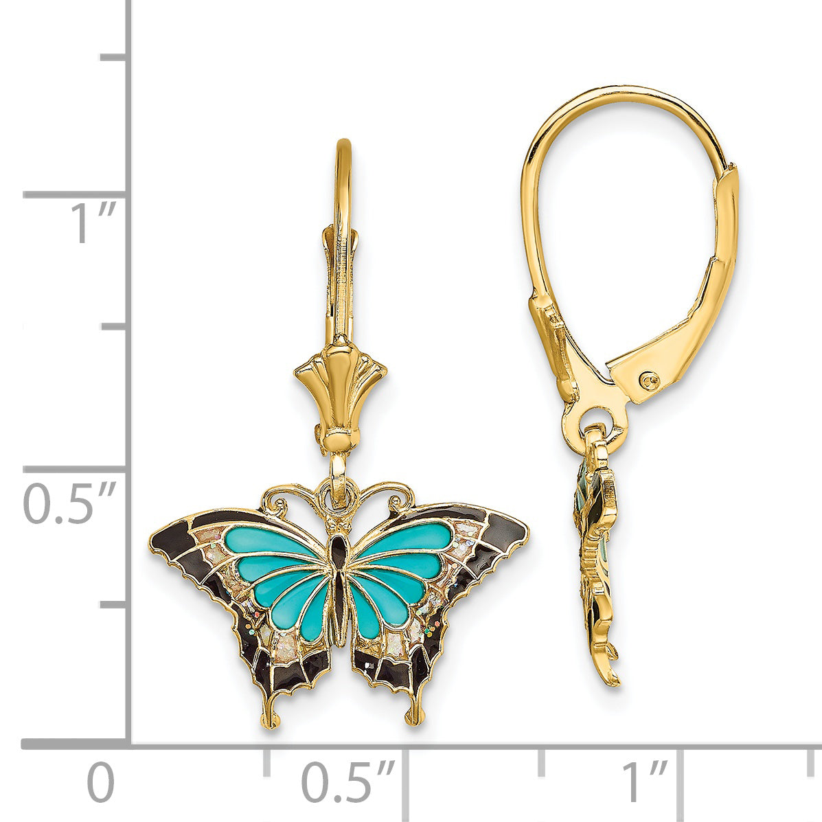 14K with Aqua and Black Enameled Wings Butterfly Dangle Leverback Earrings
