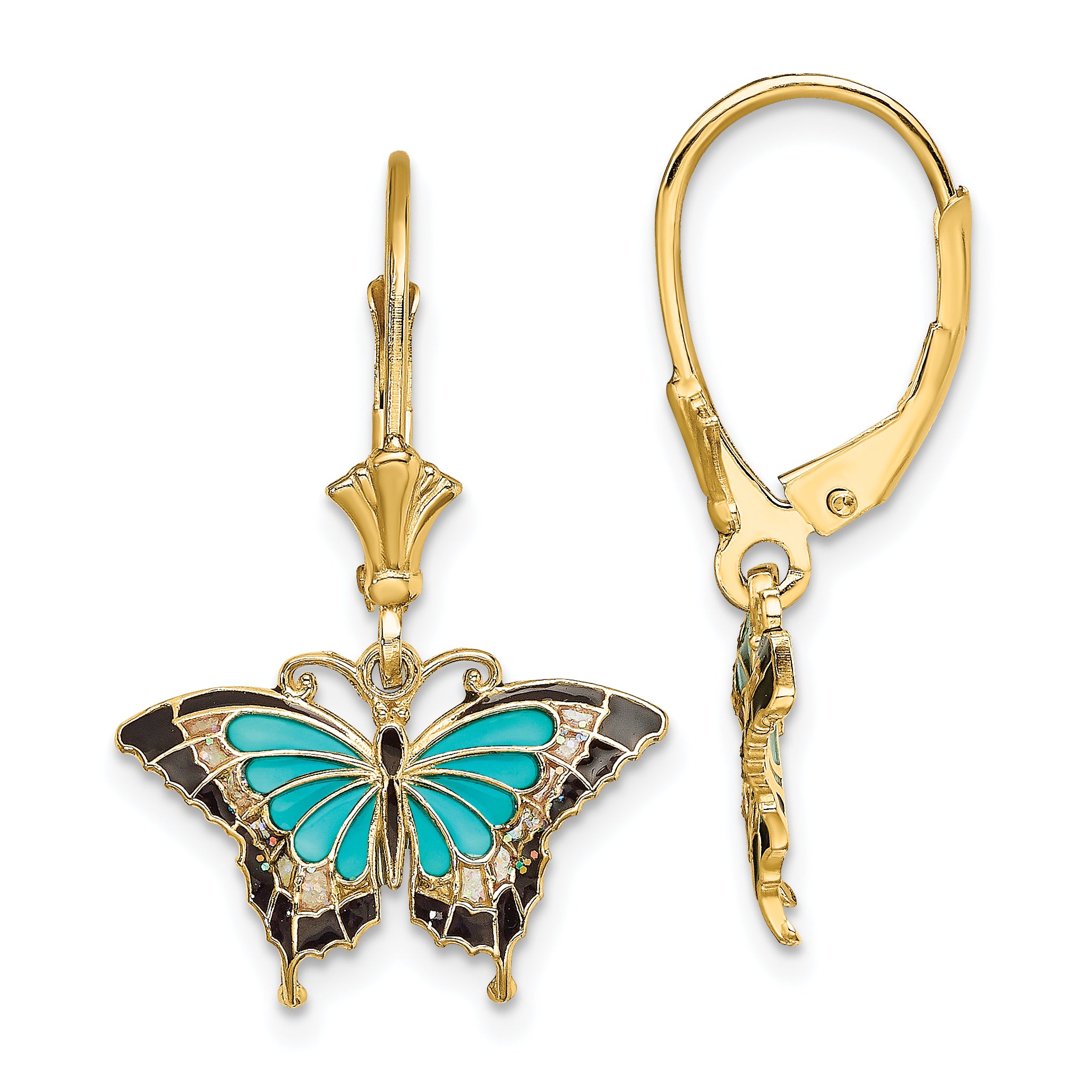 14K w/Aqua Enameled Wings Butterfly Leverback Earrings Main image