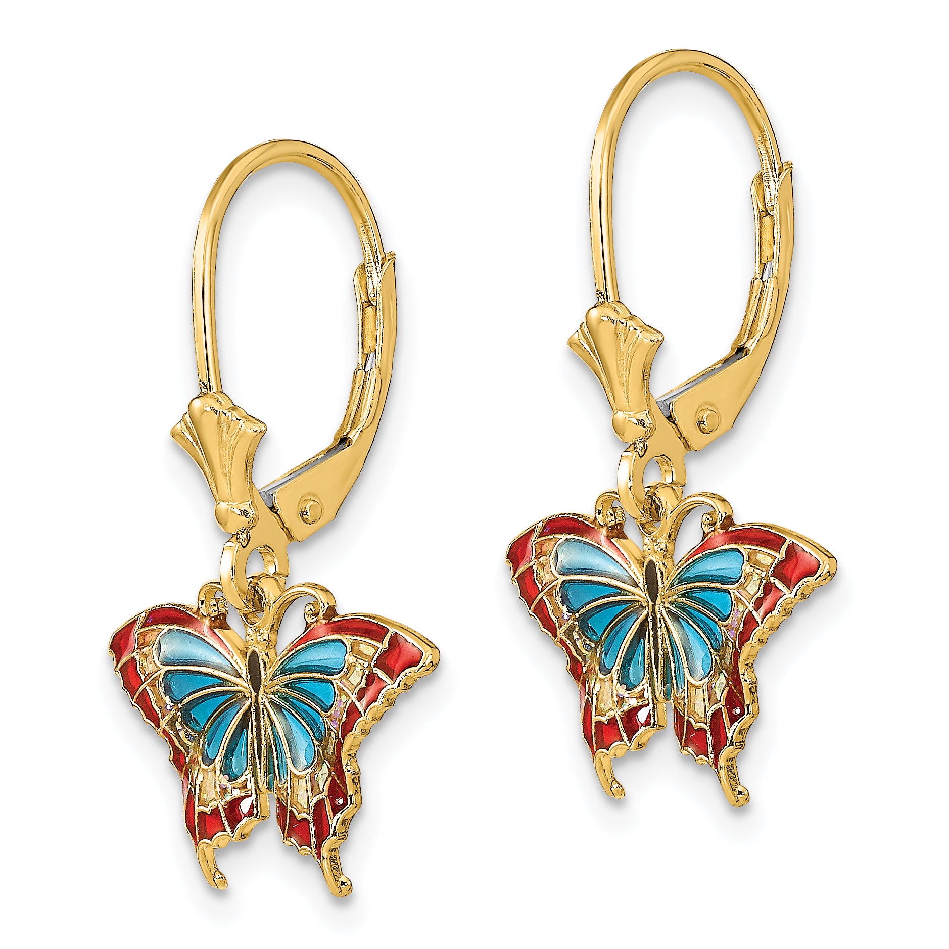 14k w/Blue and Red Enameled Wings Butterfly Leverback Earrings Secondary image