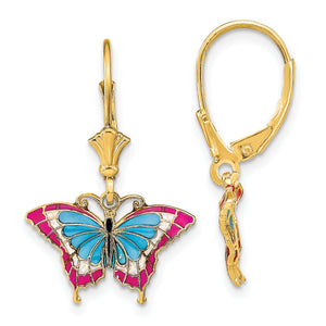 Red Enameled Wings Butterfly Leverback Earrings in 14K Yellow Gold - Sophia Jewelers