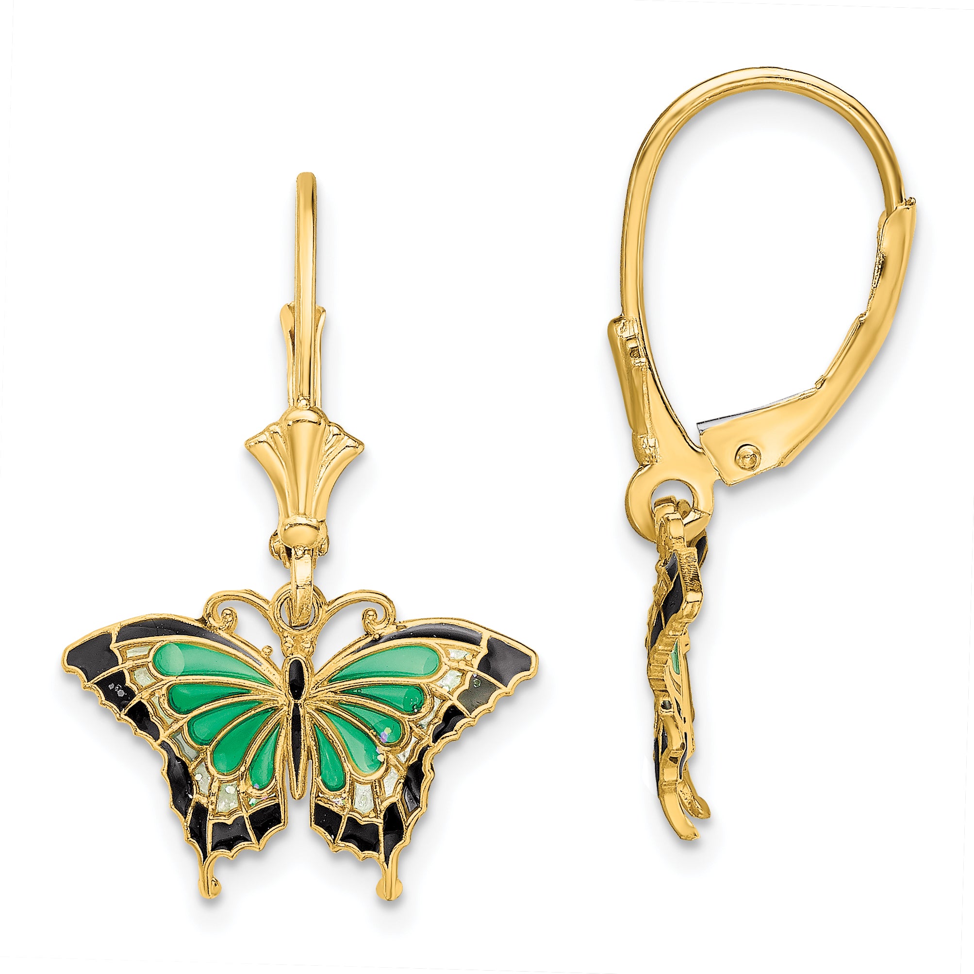 14K Butterfly w/ Green Enameled Wings Leverback Earrings Main image