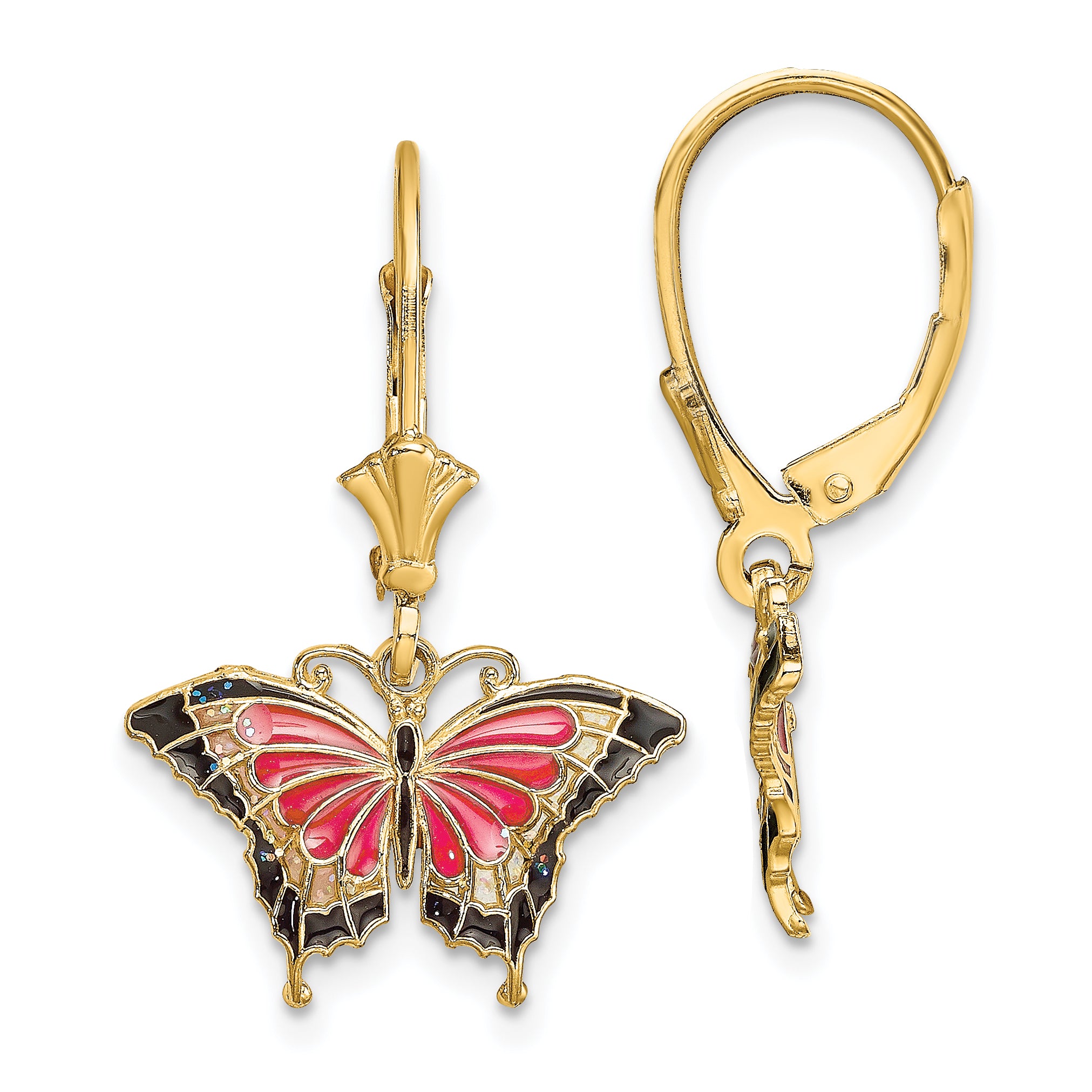 14K Pink Enameled Butterfly Leverback Earrings Main image