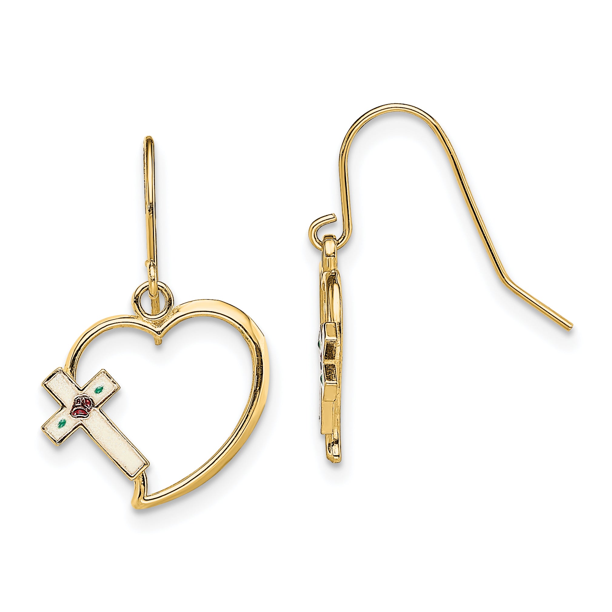 14K w/ Enamel Cross Heart Dangle Earrings Main image