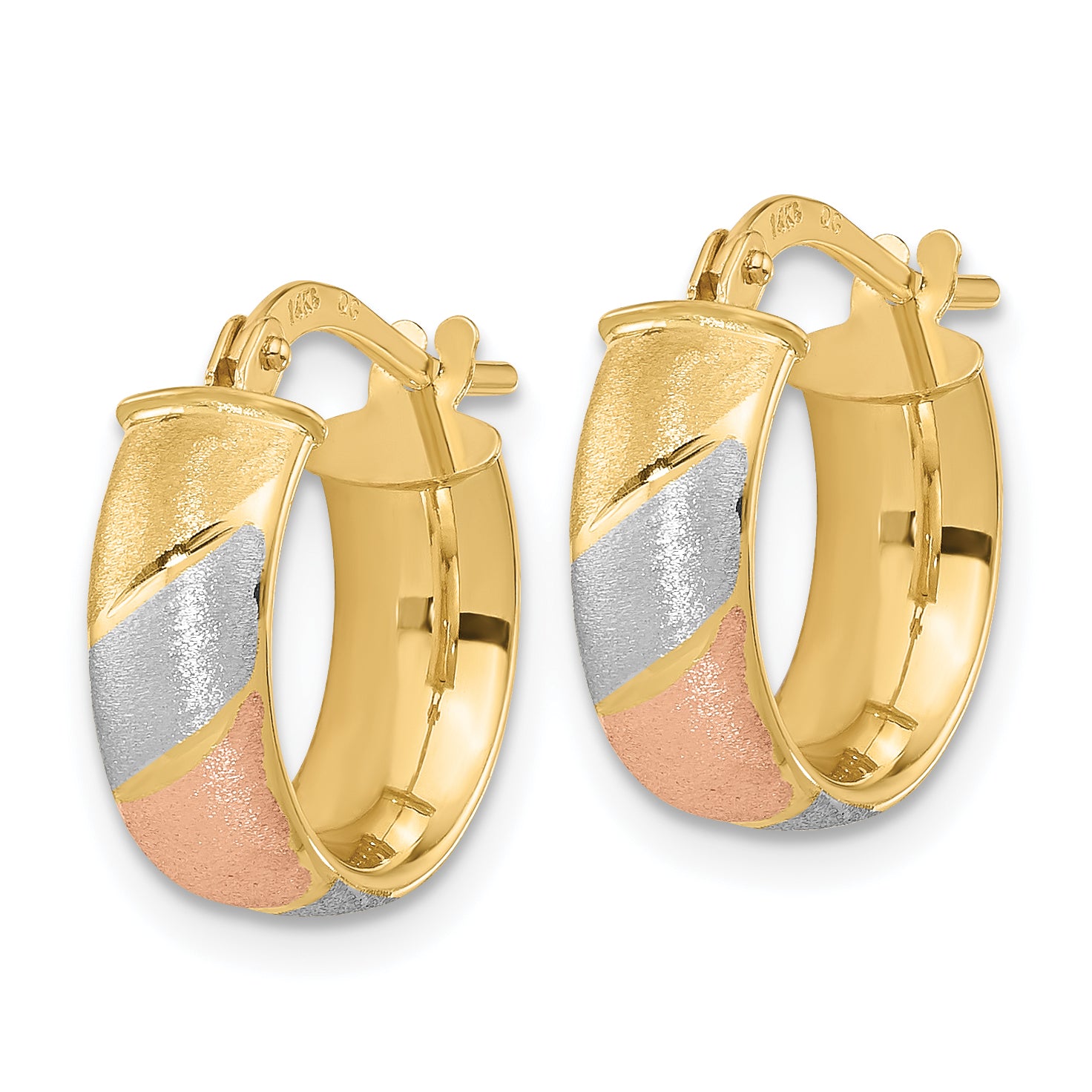 14k w/White and Rose Rhodium Polished Satin Hoop Earrings Secondary image