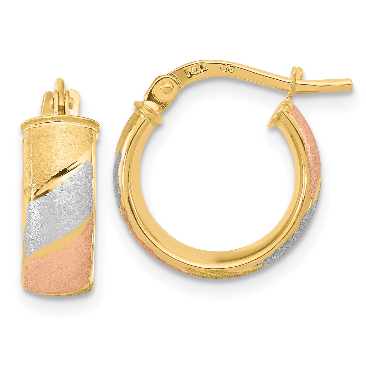 14k w/White and Rose Rhodium Polished Satin Hoop Earrings Main image