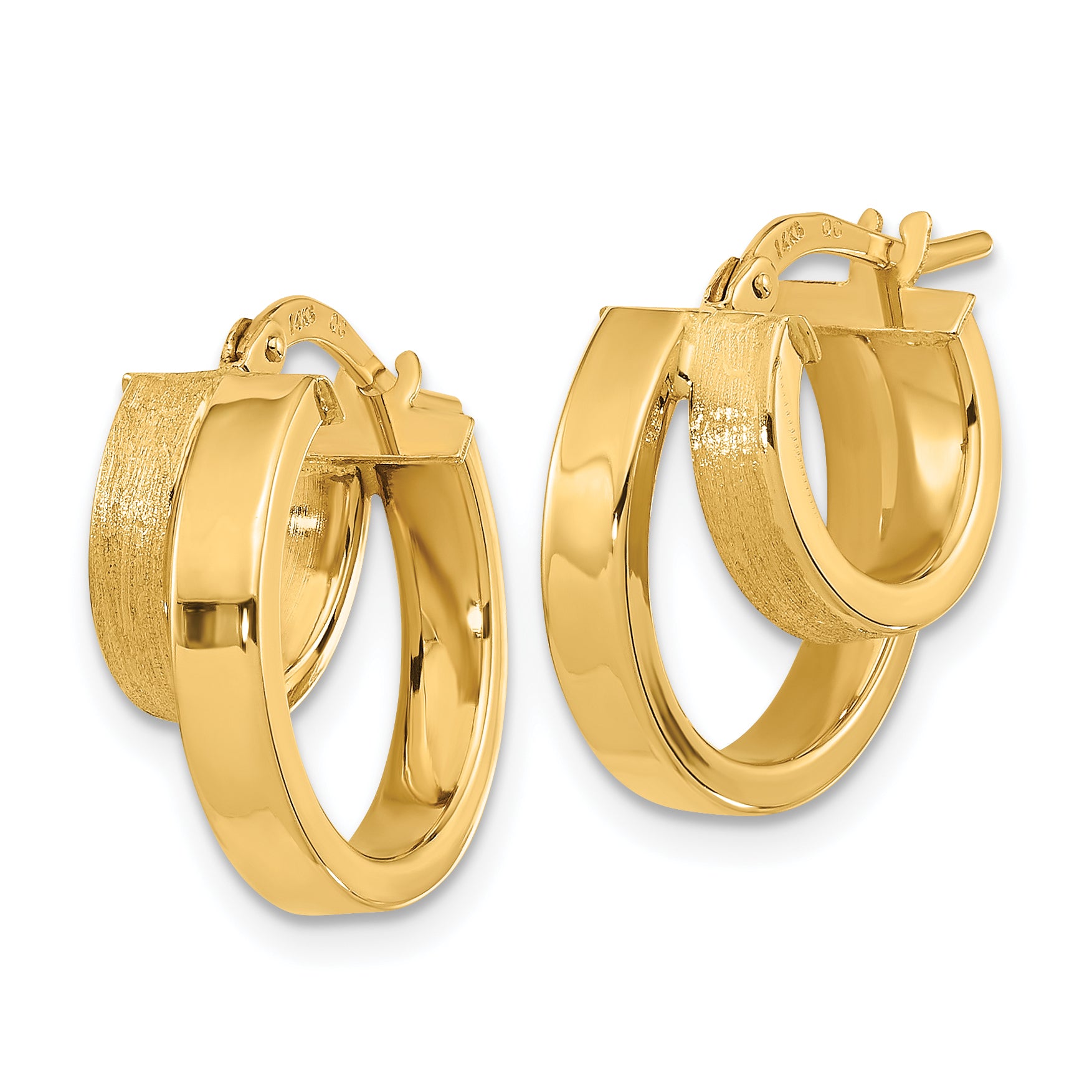 14K Polished and Brushed Square Tube Double Hoop Earrings Secondary image