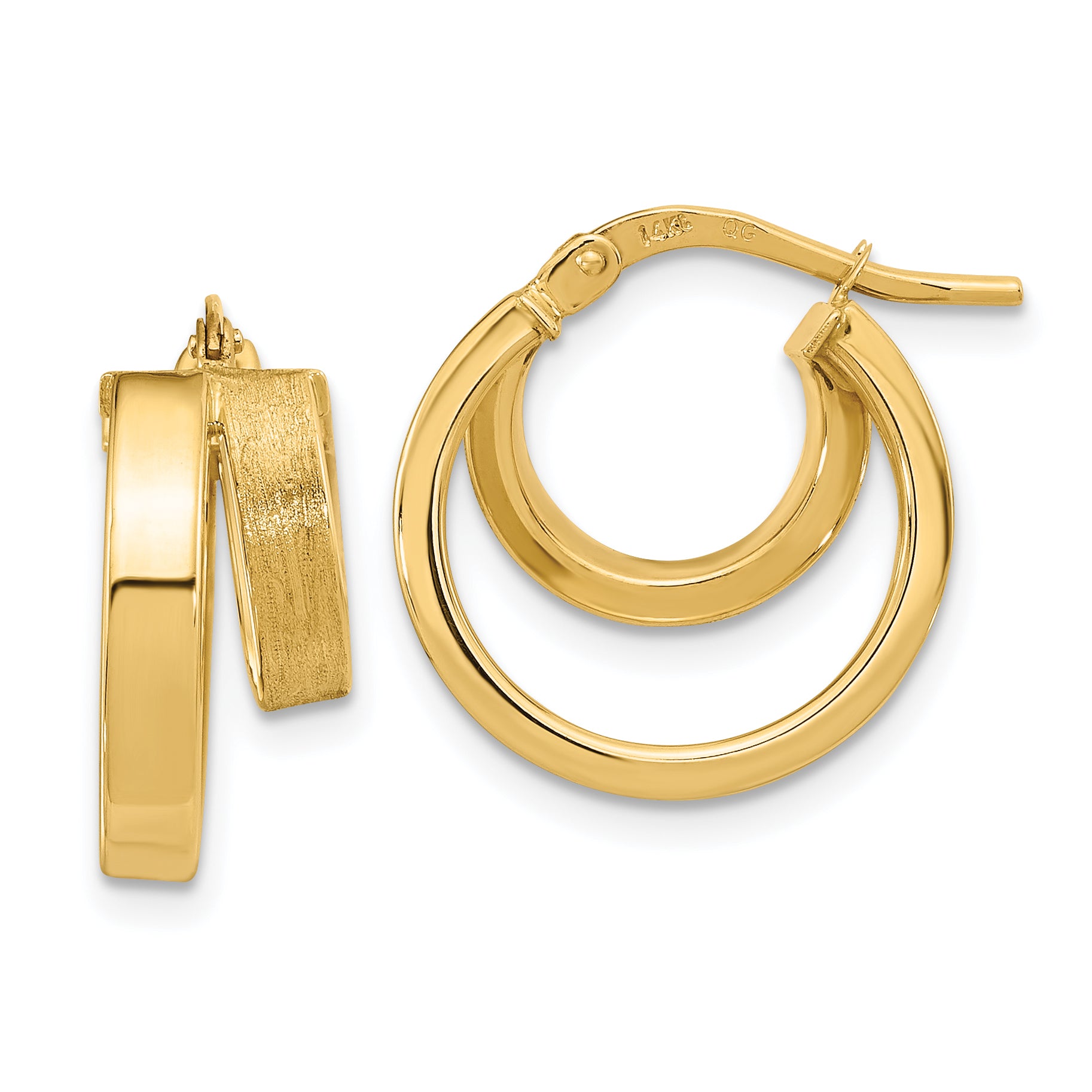 14K Polished and Brushed Square Tube Double Hoop Earrings Main image