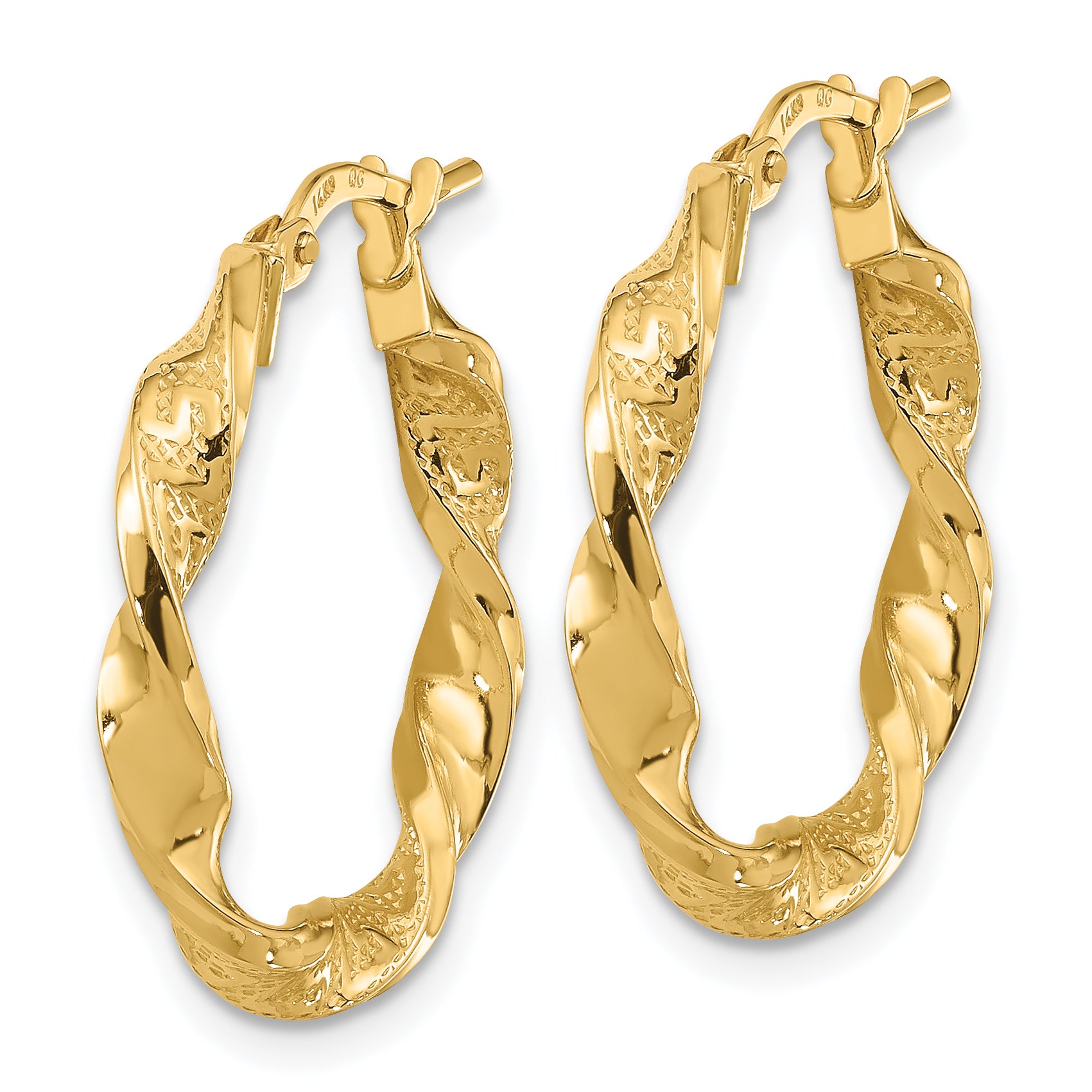 14k Polished and Textured Twisted 3mm Hoop Earrings Secondary image