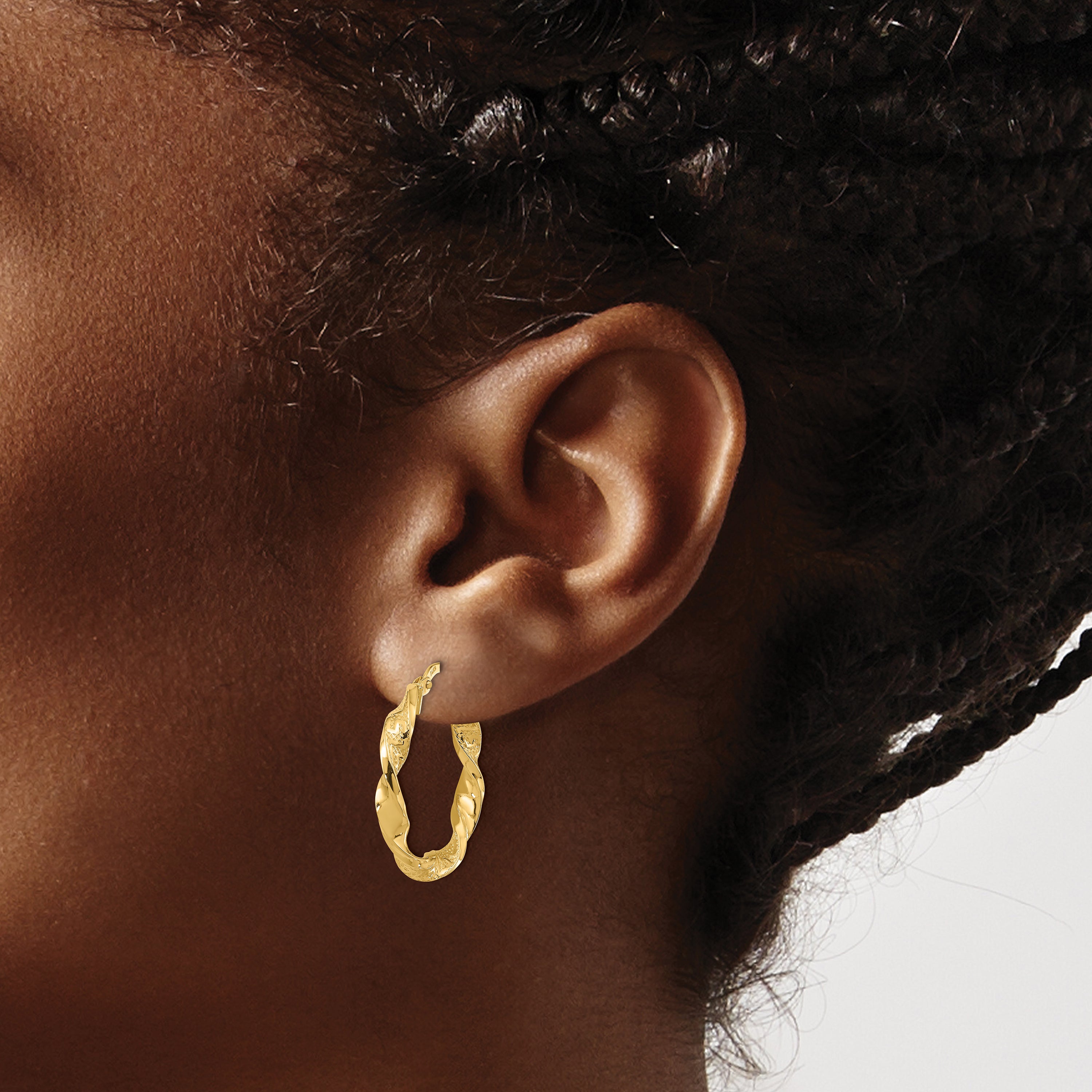 14k Polished and Textured Twisted 3mm Hoop Earrings
