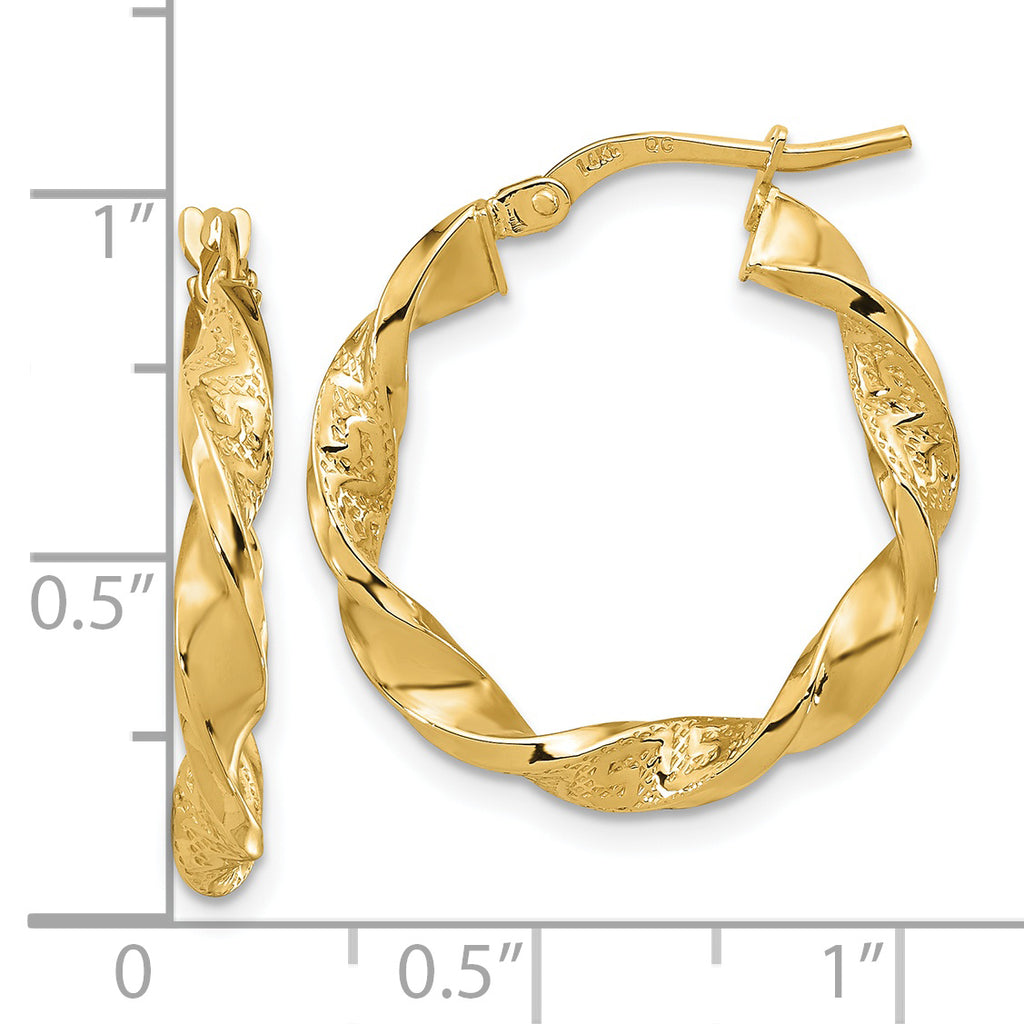 14k Polished and Textured Twisted 3mm Hoop Earrings