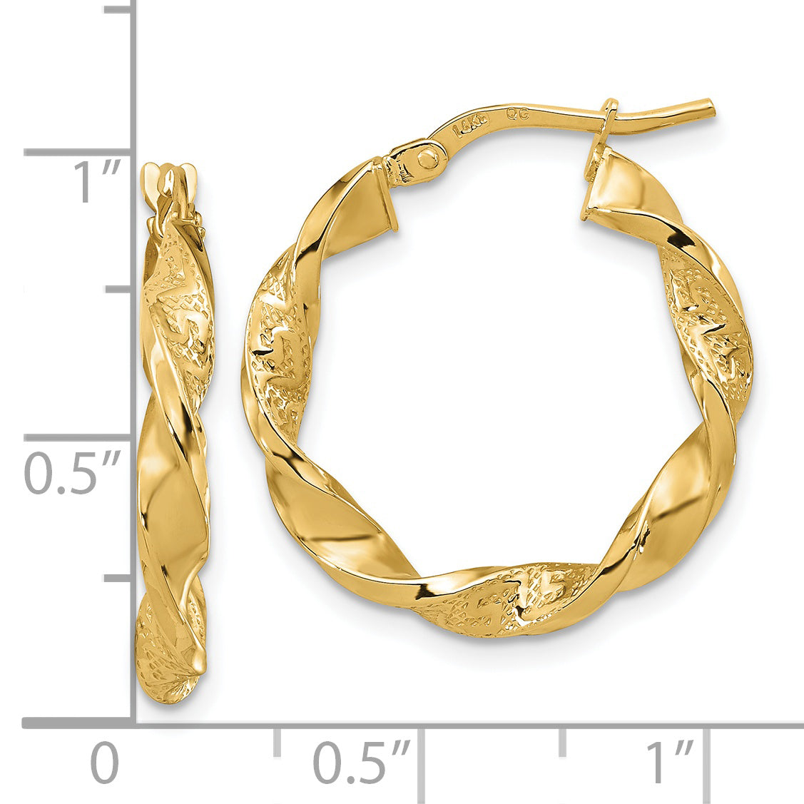 14k Polished and Textured Twisted 3mm Hoop Earrings