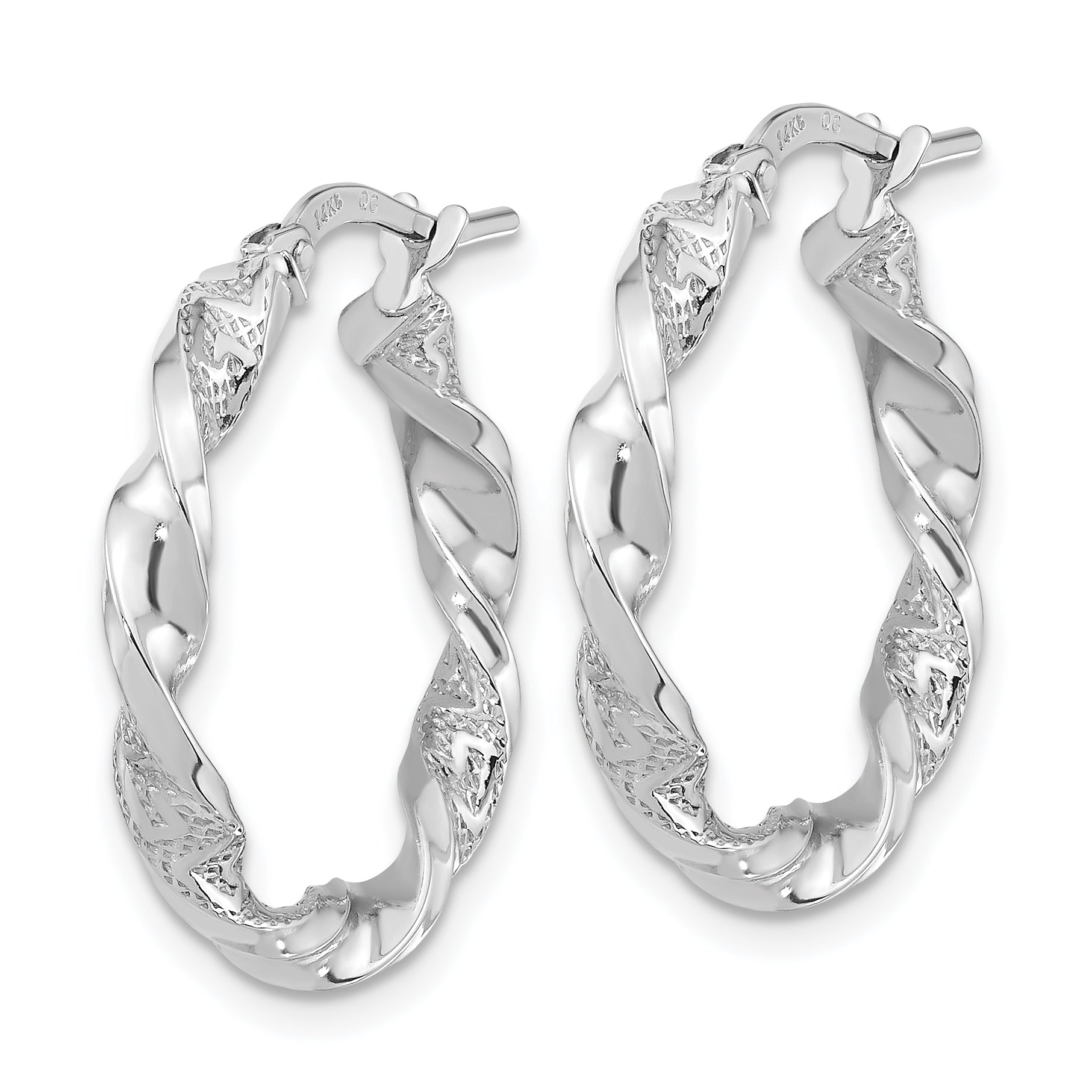 14k White Gold Polished and Textured Twisted Hoop Earrings Secondary image