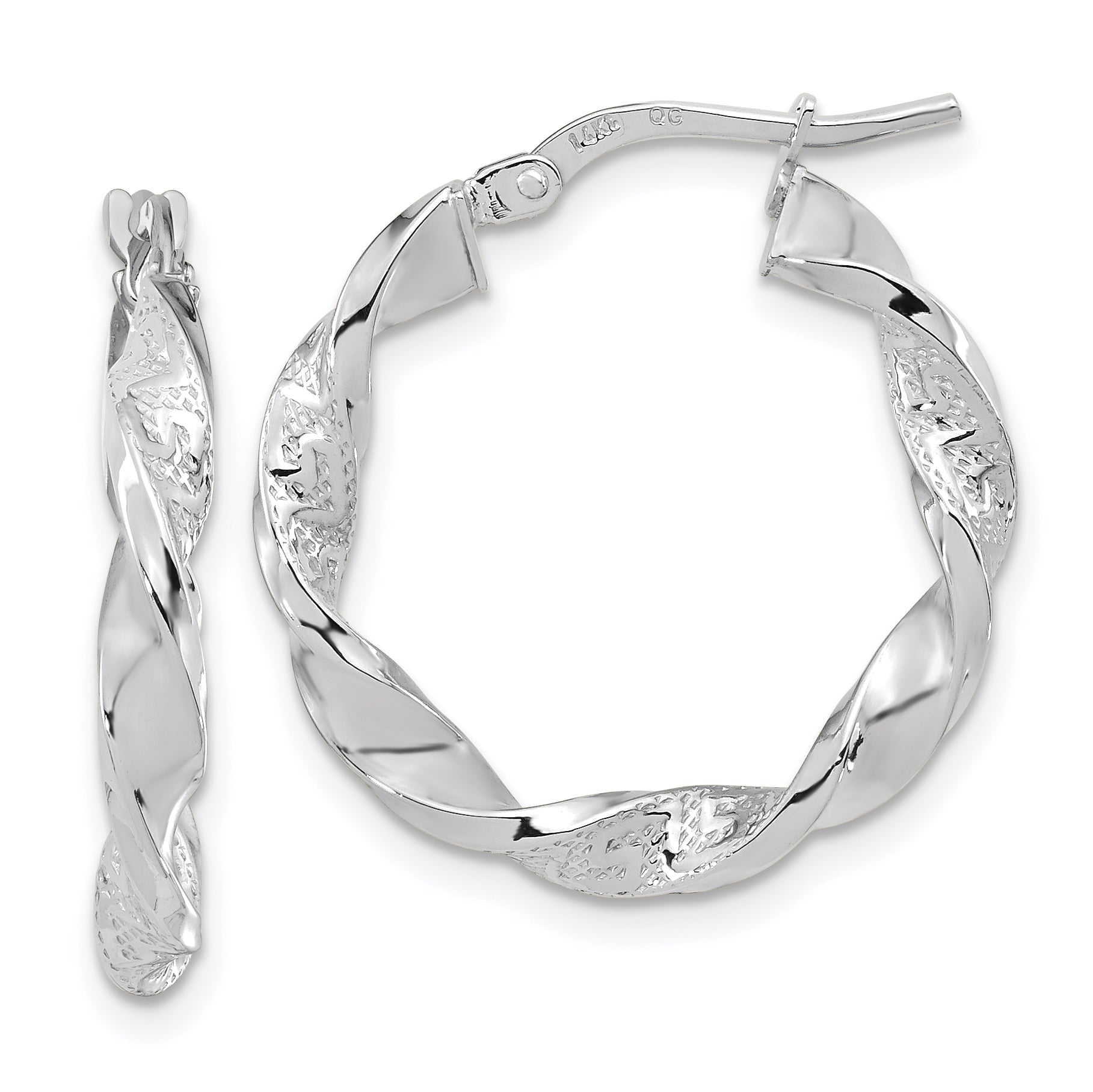 14k White Gold Polished and Textured Twisted Hoop Earrings Main image