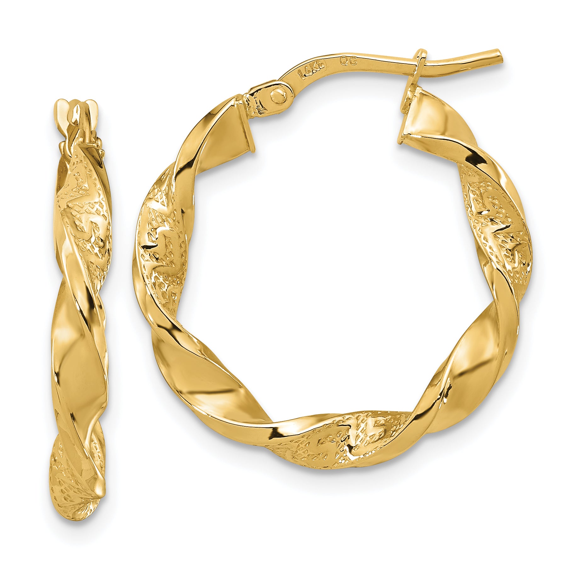 14k Polished and Textured Twisted 3mm Hoop Earrings Main image
