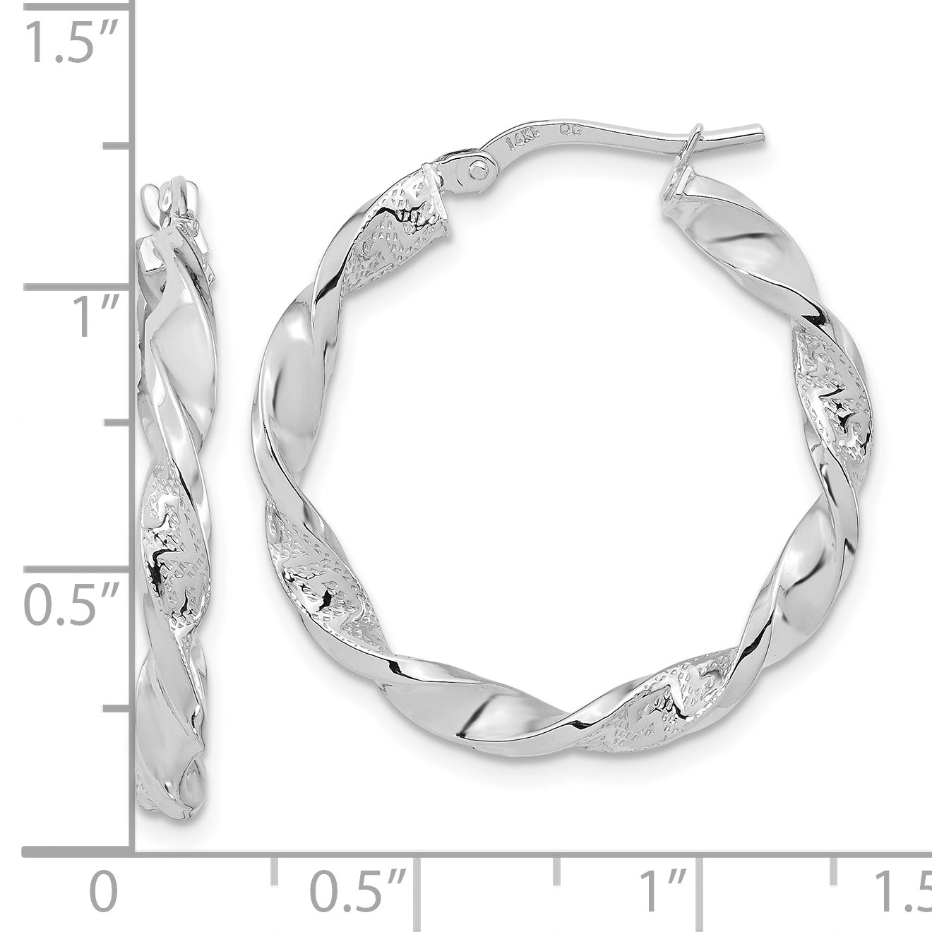 14k White Gold Polished and Textured Twisted Hoop Earrings