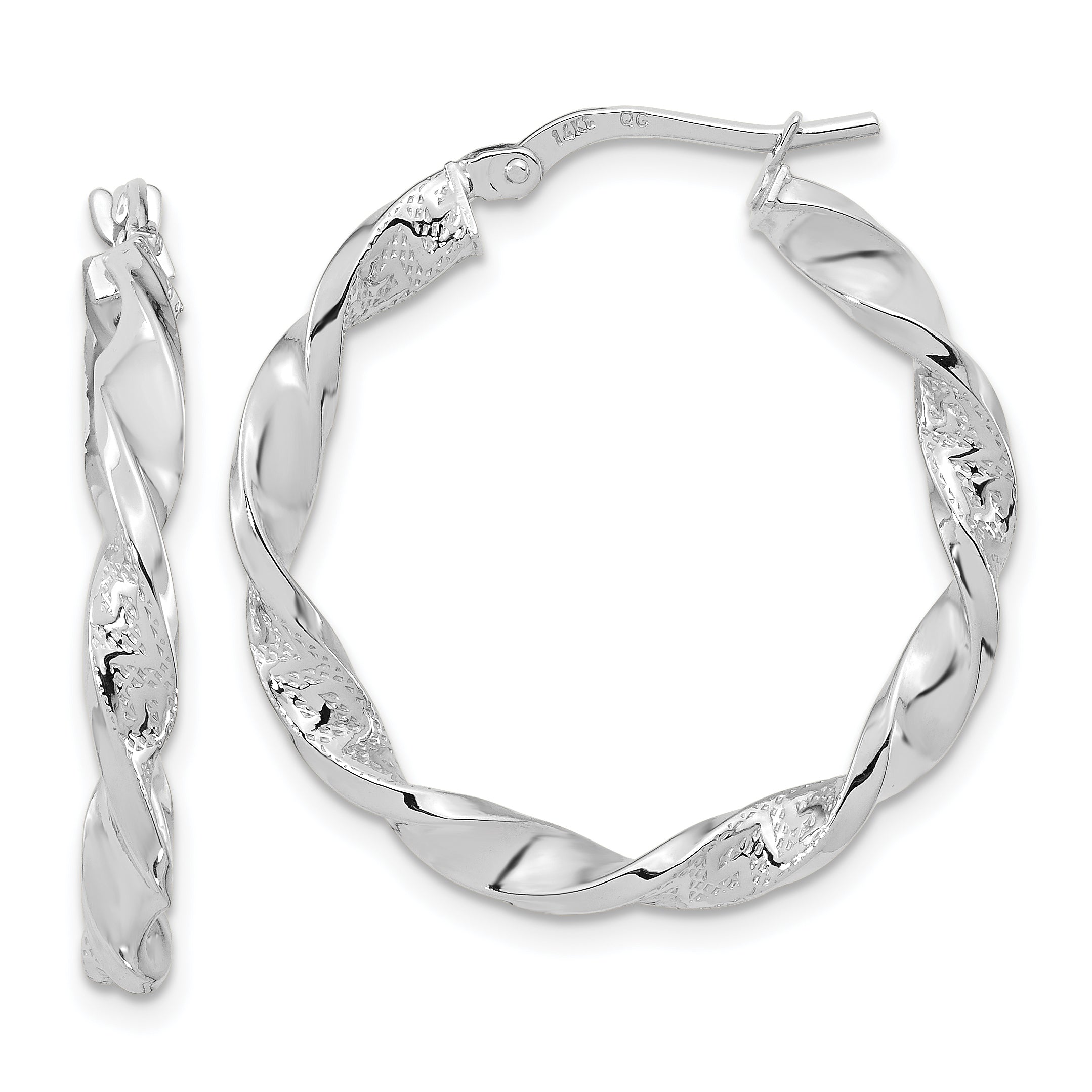 14k White Gold Polished and Textured Twisted Hoop Earrings Main image