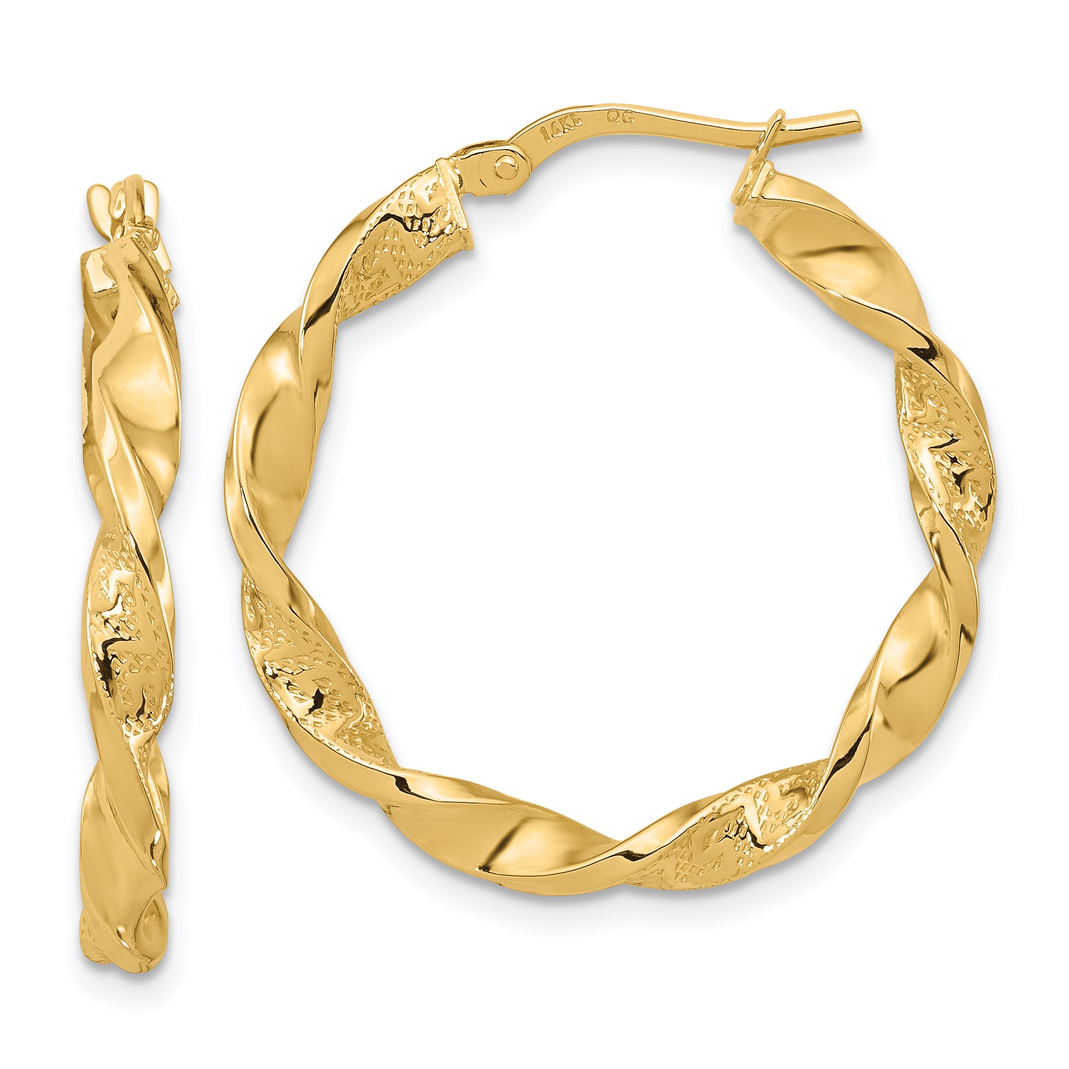 14k Polished and Textured Twisted Hoop Earrings Main image