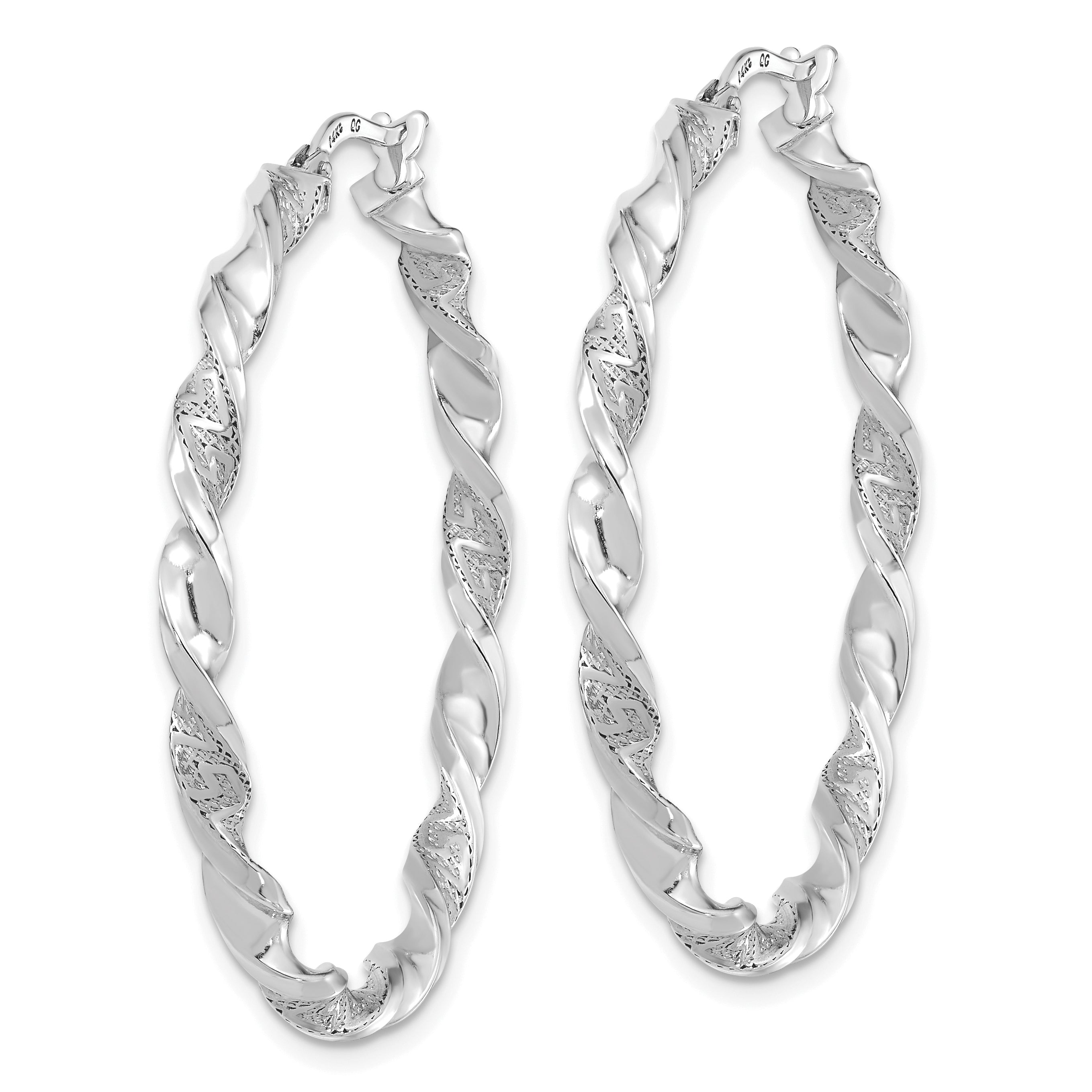 14k White Gold Polished and Textured Twisted Hoop Earrings Secondary image