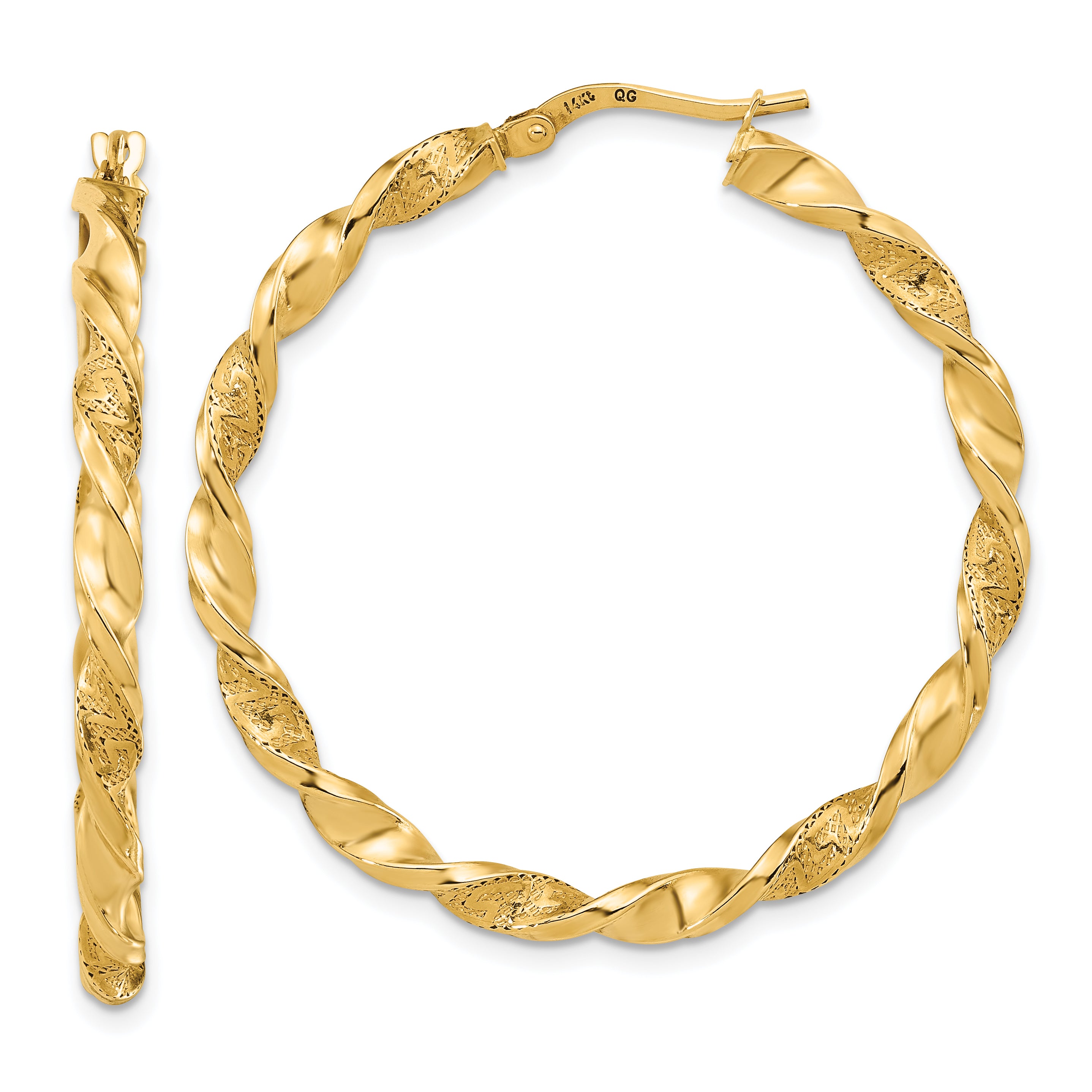 14K Polished and Textured Twisted Hoop Earrings