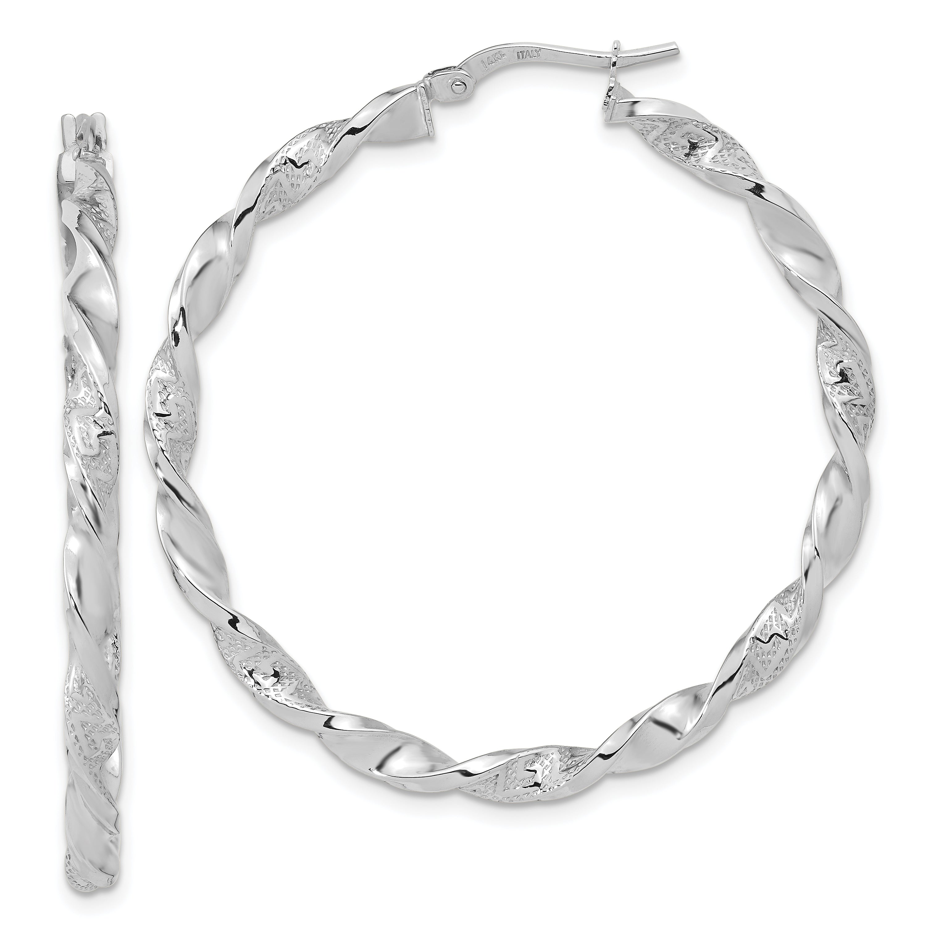 14k White Gold Polished and Textured Twisted Hoop Earrings Main image