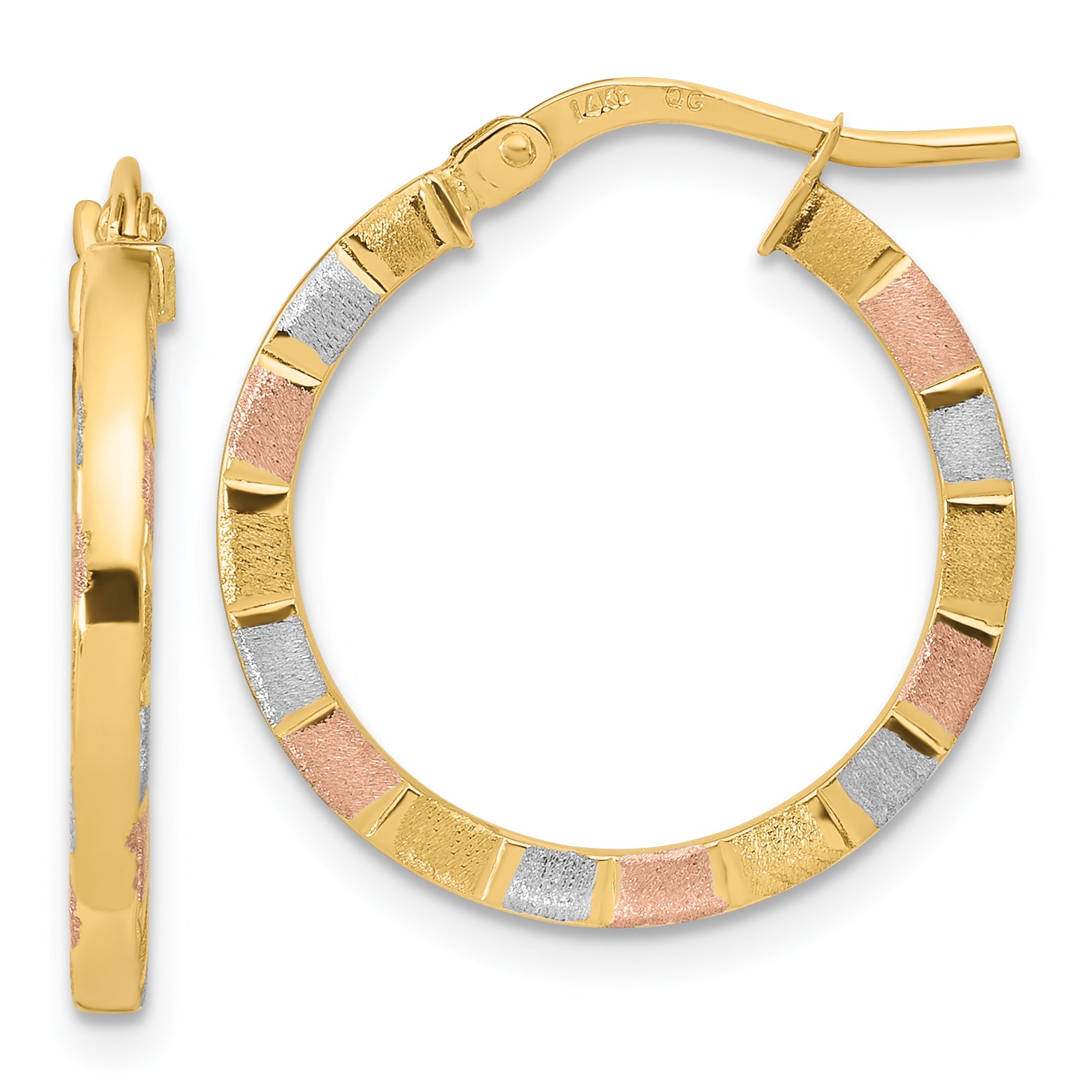 14k w/White & Rose Rhodium Polished & Satin Hoop Earrings Main image