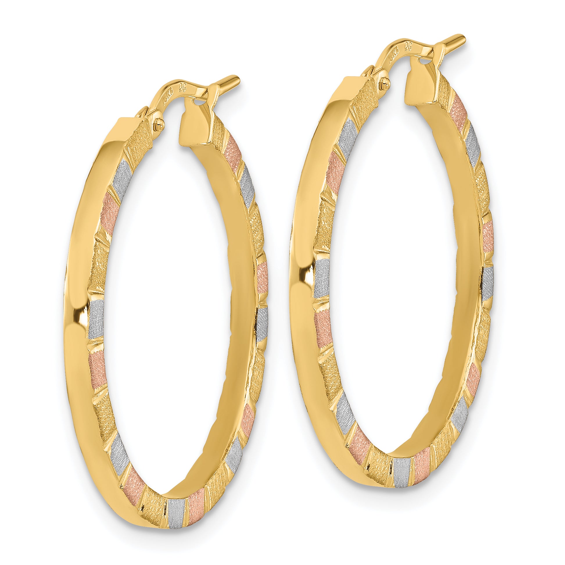 14k w/White & Rose Rhodium Polished & Satin Hoop Earrings Secondary image