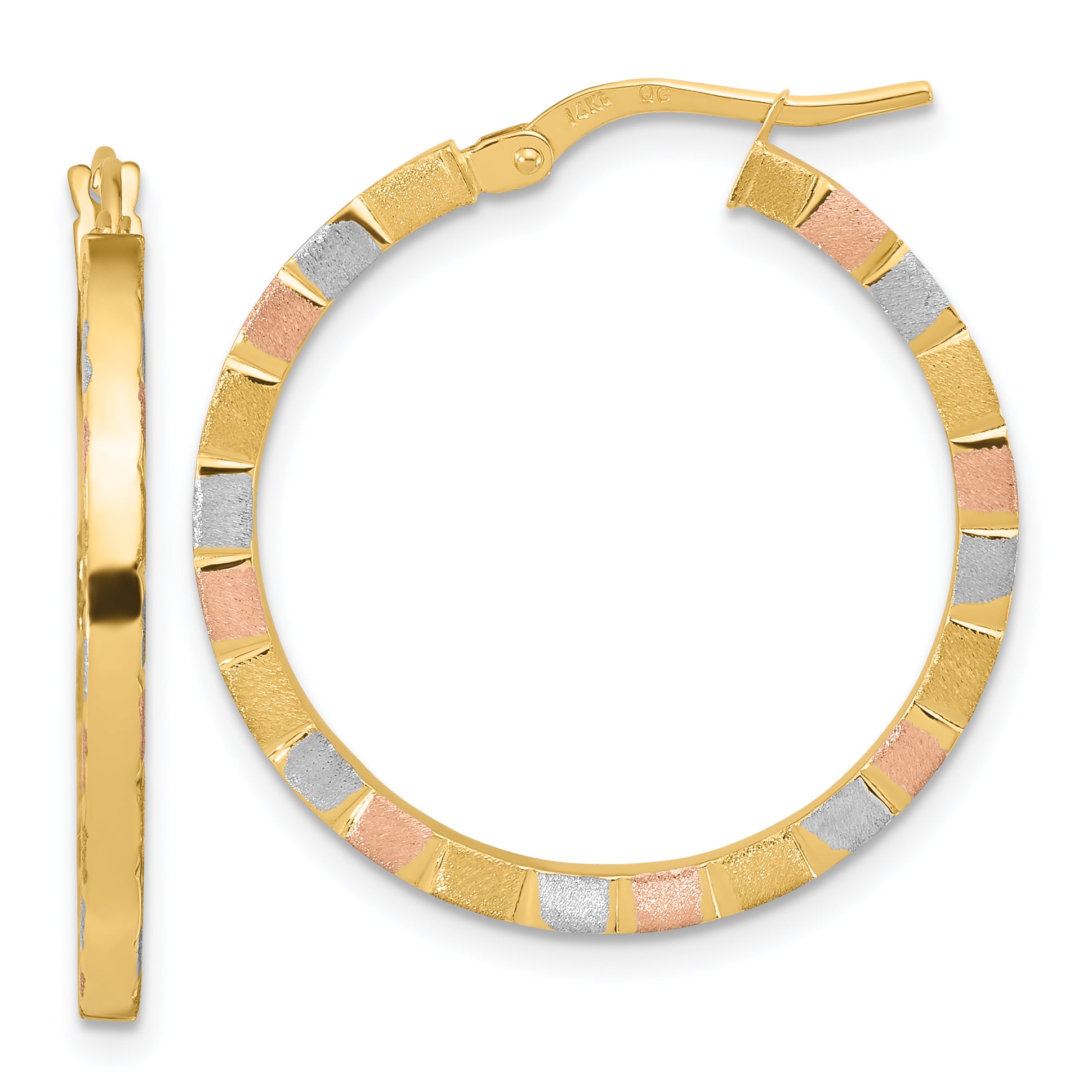 14k w/White & Rose Rhodium Polished & Satin Hoop Earrings Main image