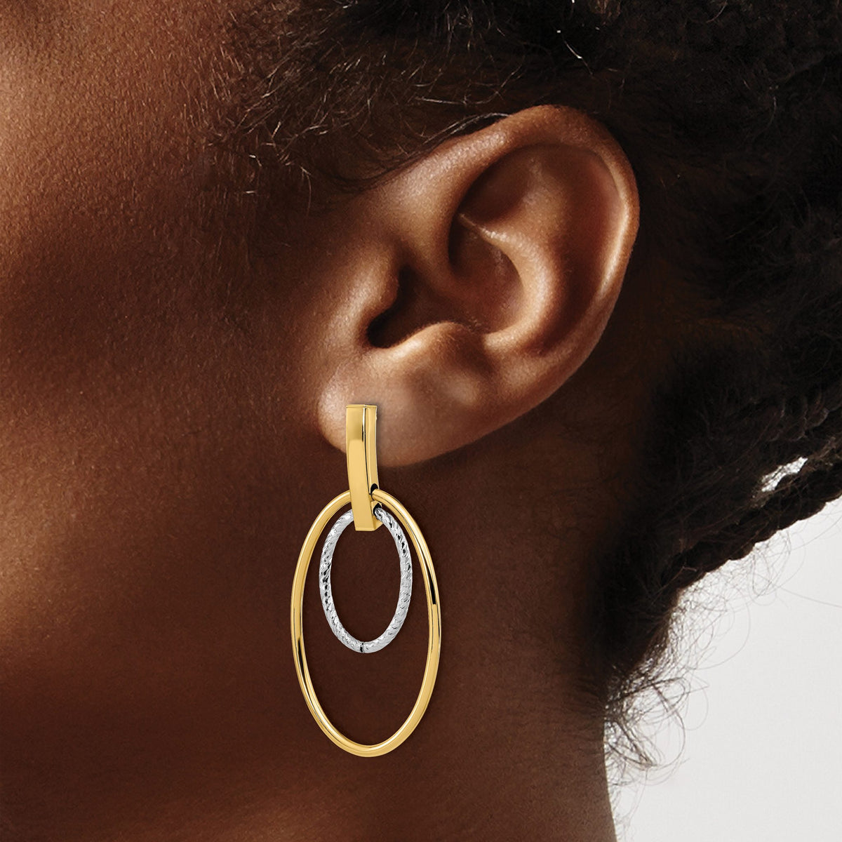 Oval Stud Dangle Earrings in 14K Two-Tone Gold, 22mm Diamond-Cut - Sophia Jewelers