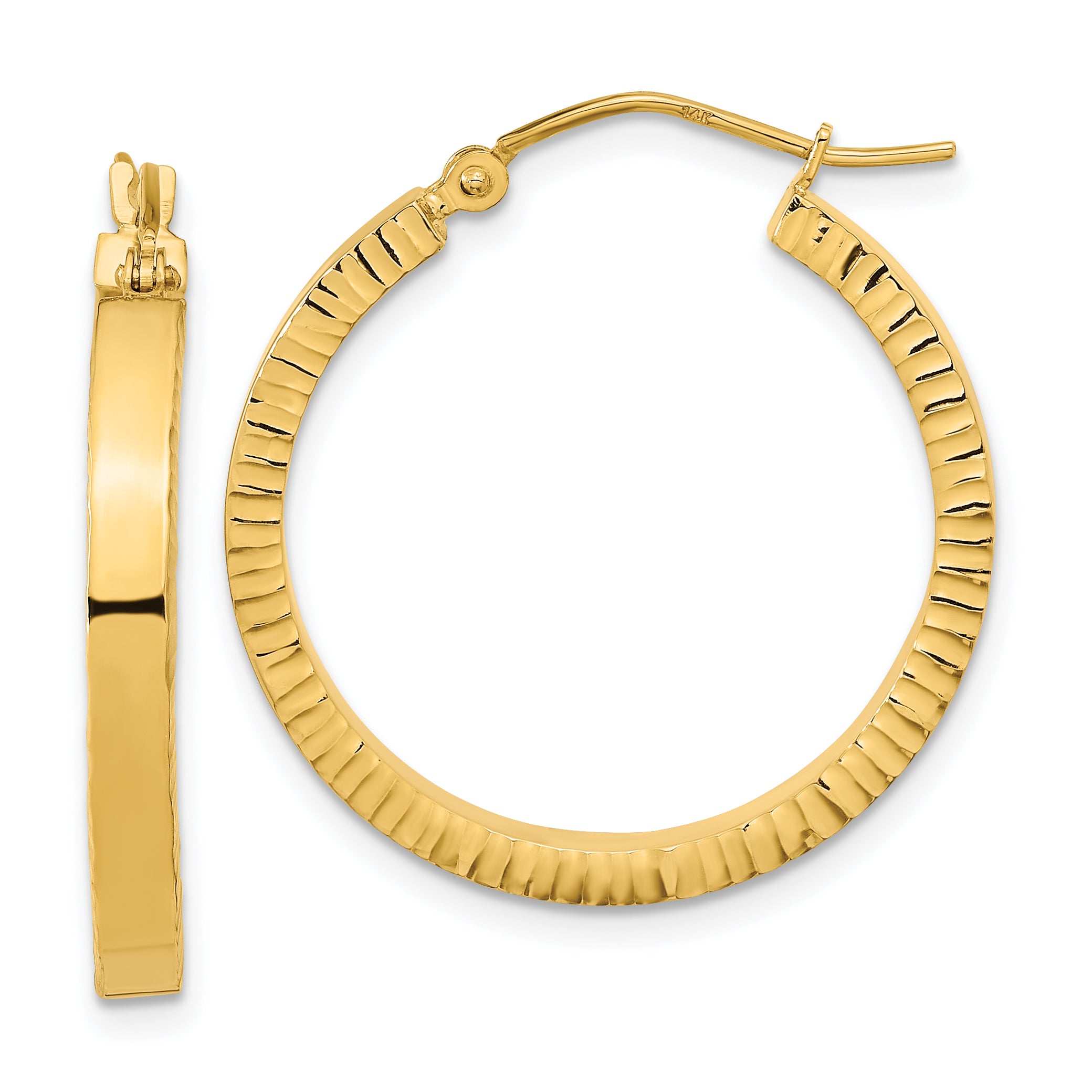 14K Polished and Textured Sides Hoop Earrings Main image