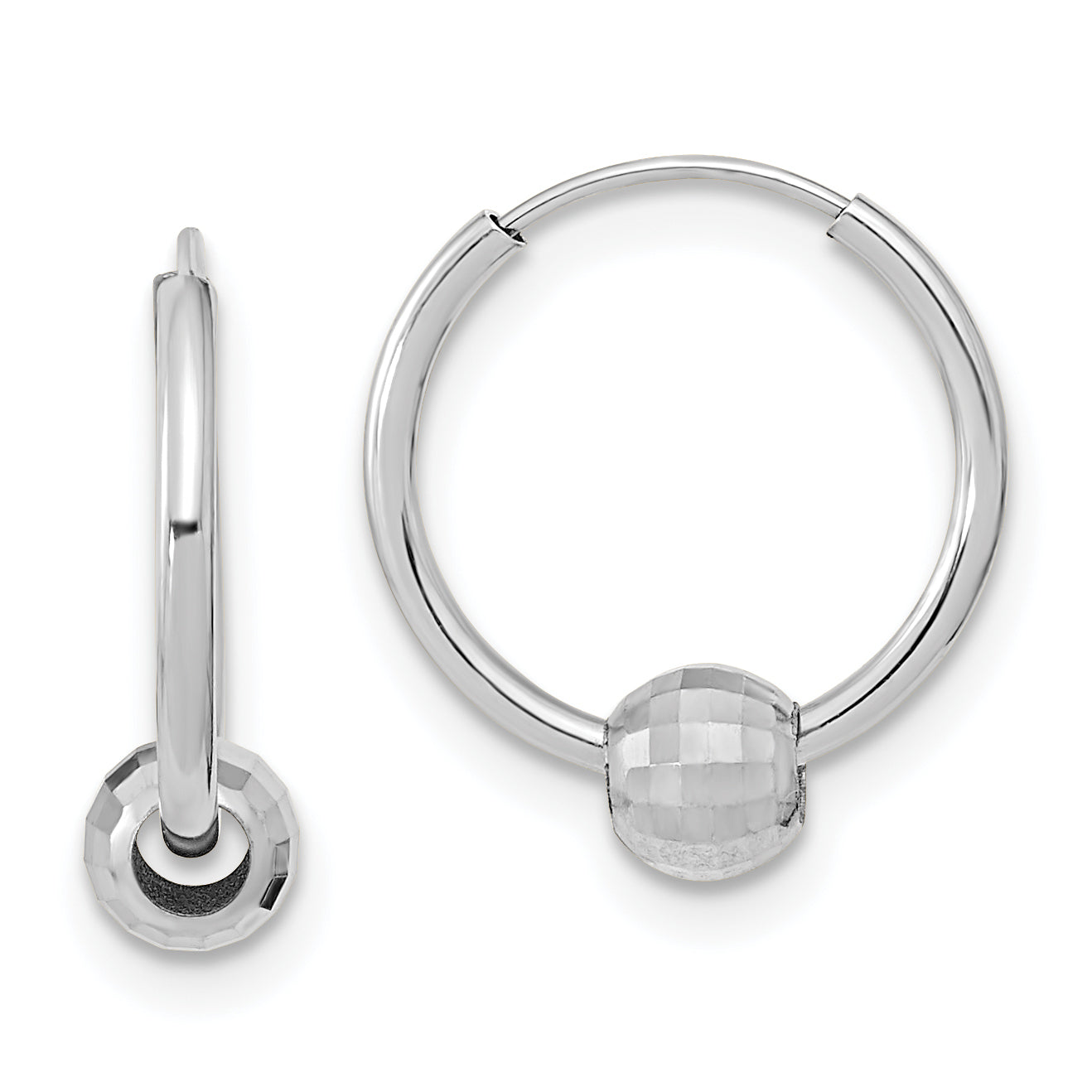 14K White Gold Polished Hoop with a Diamond Cut Ball Earrings Main image