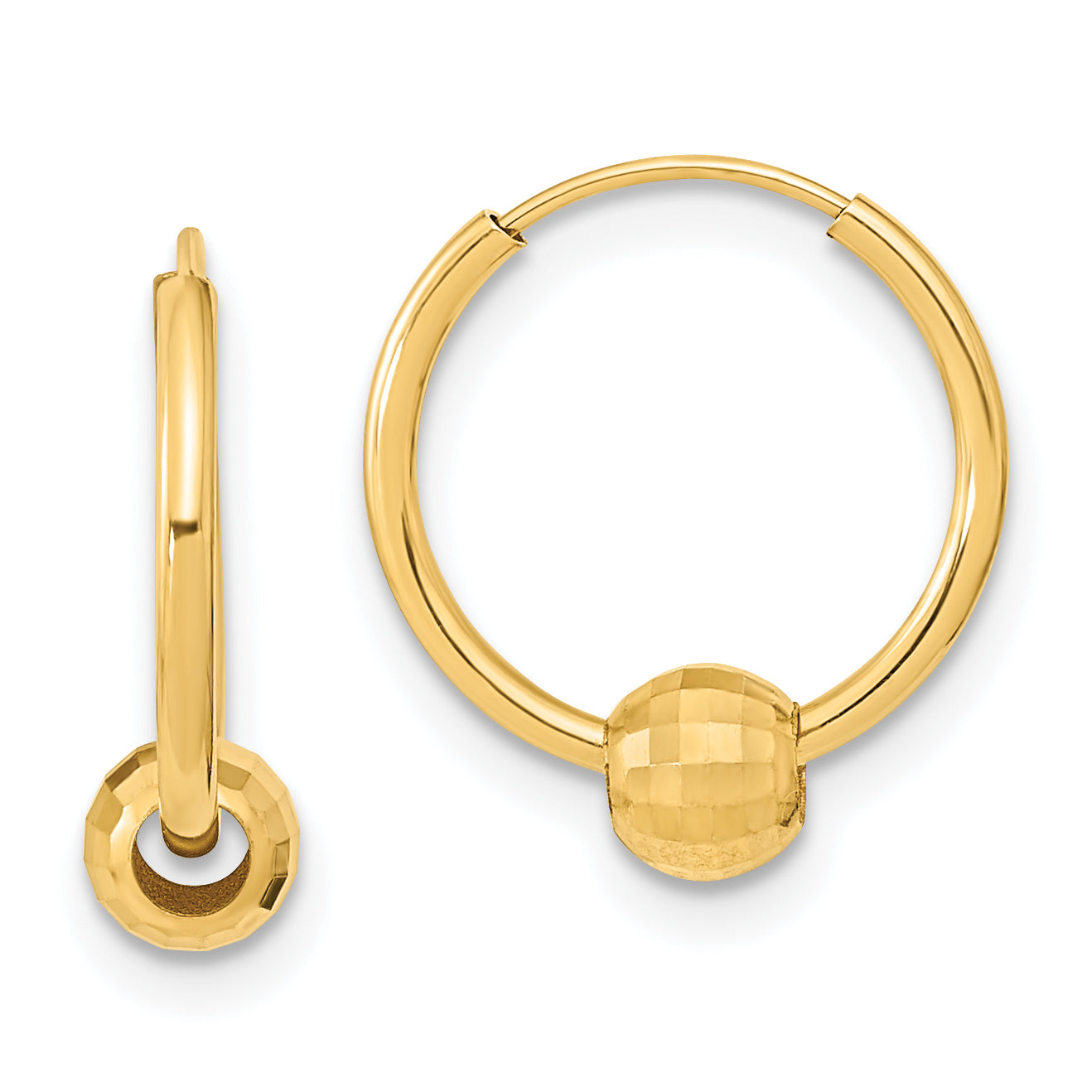 14K Polished with Diamond Cut Ball Hoop Earrings Main image