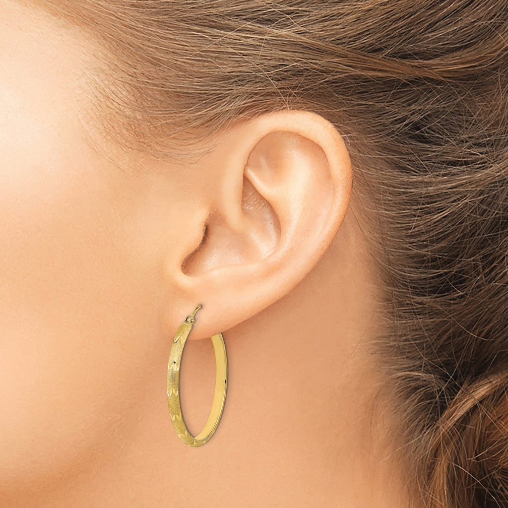 14K Polished and Satin Diamond-cut Hoop Earrings