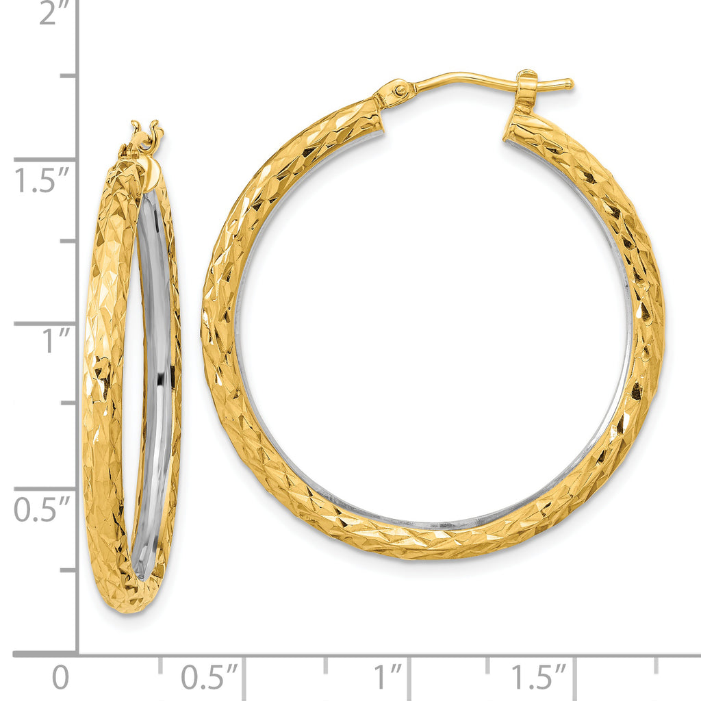 14k White Rhodium Polished Diamond-cut 3mm Circle Hoop Earrings
