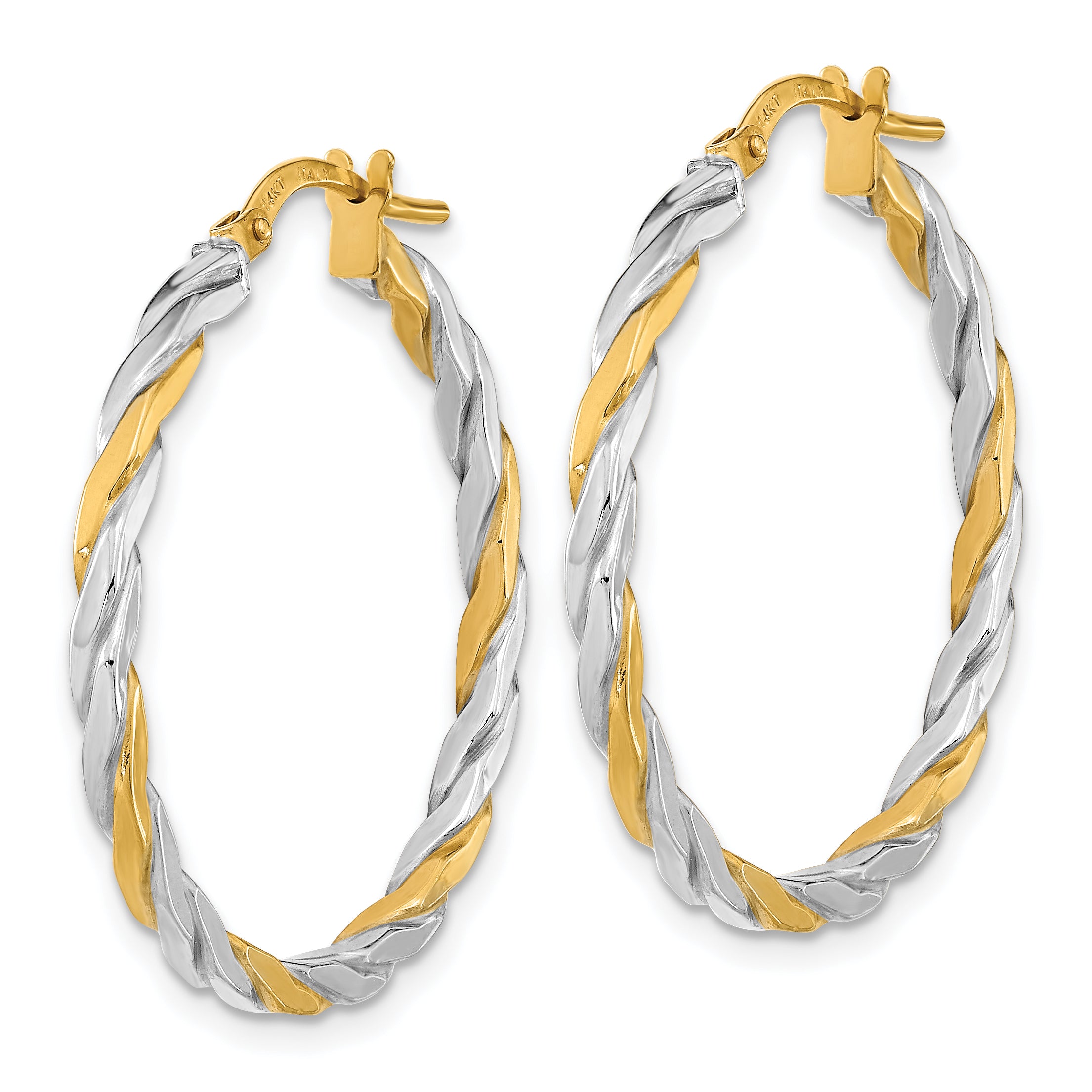 14K & White Rhodium Polished & Twist Hoop Earrings Secondary image
