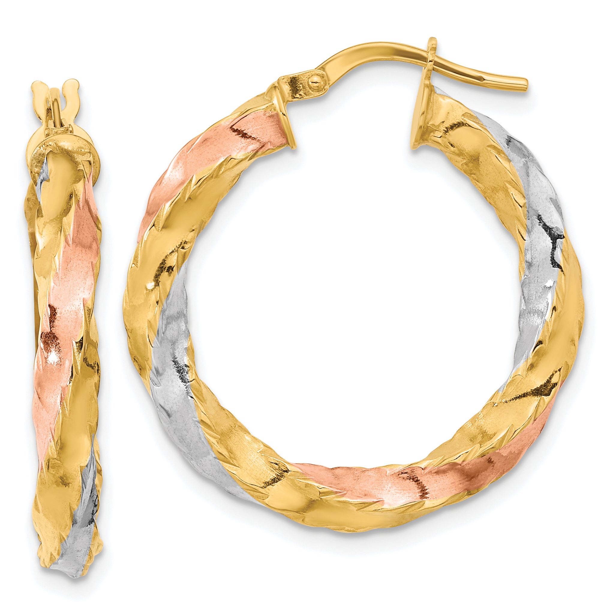 14K with Rose & White Rhodium Polished Twisted Hoop Earrings Main image