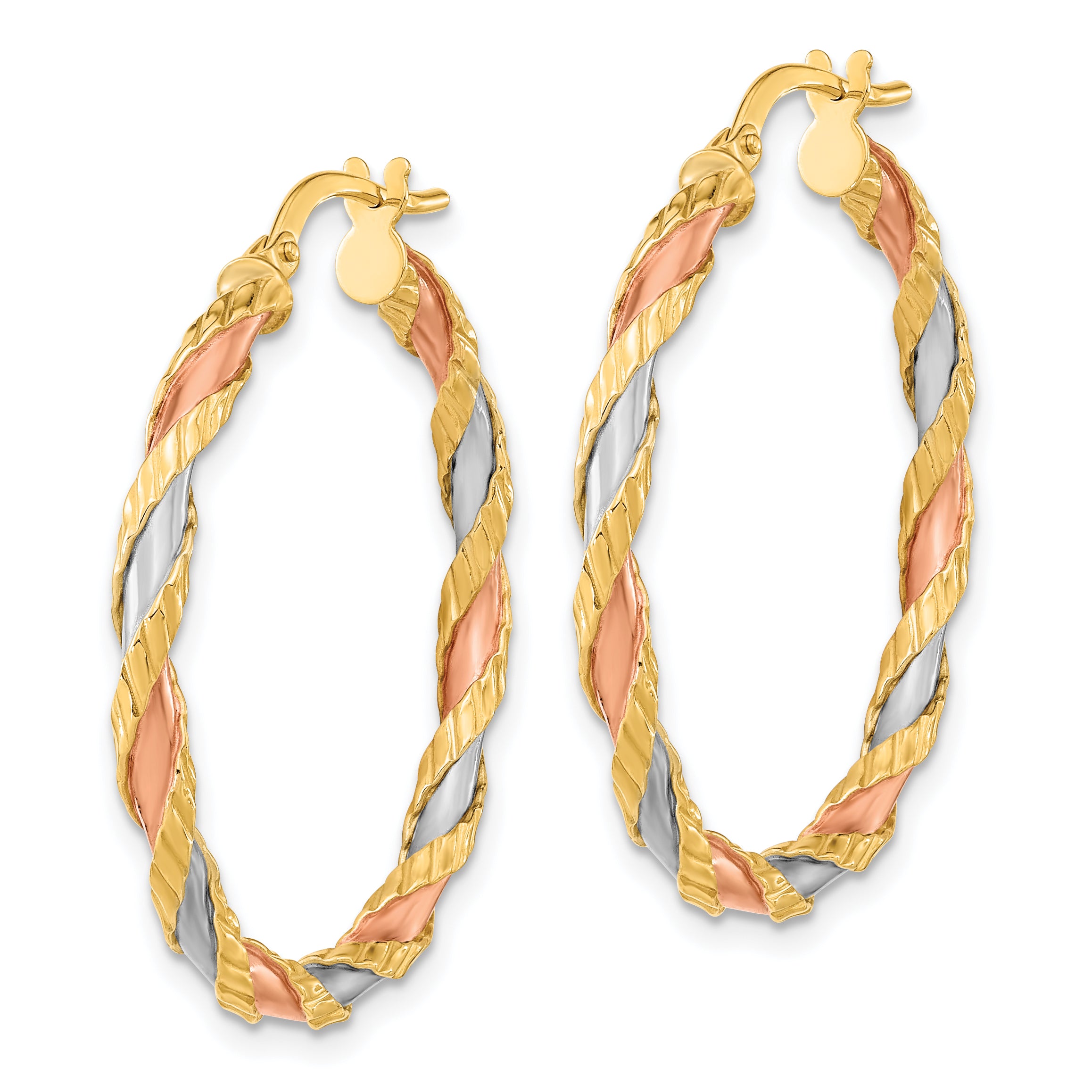 14K with Rose and White Rhodium Textured Twisted Hoop Earrings Secondary image