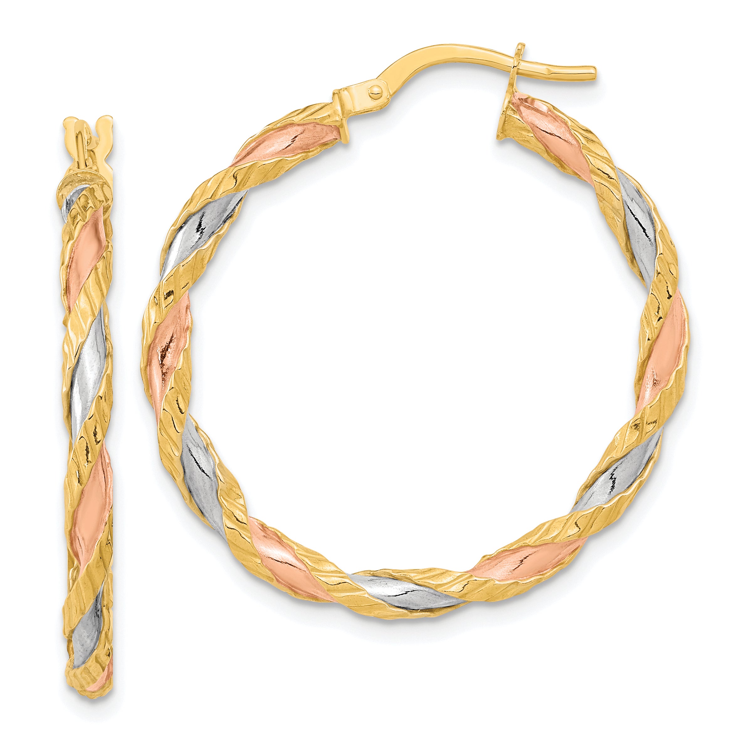14K with Rose and White Rhodium Textured Twisted Hoop Earrings Main image