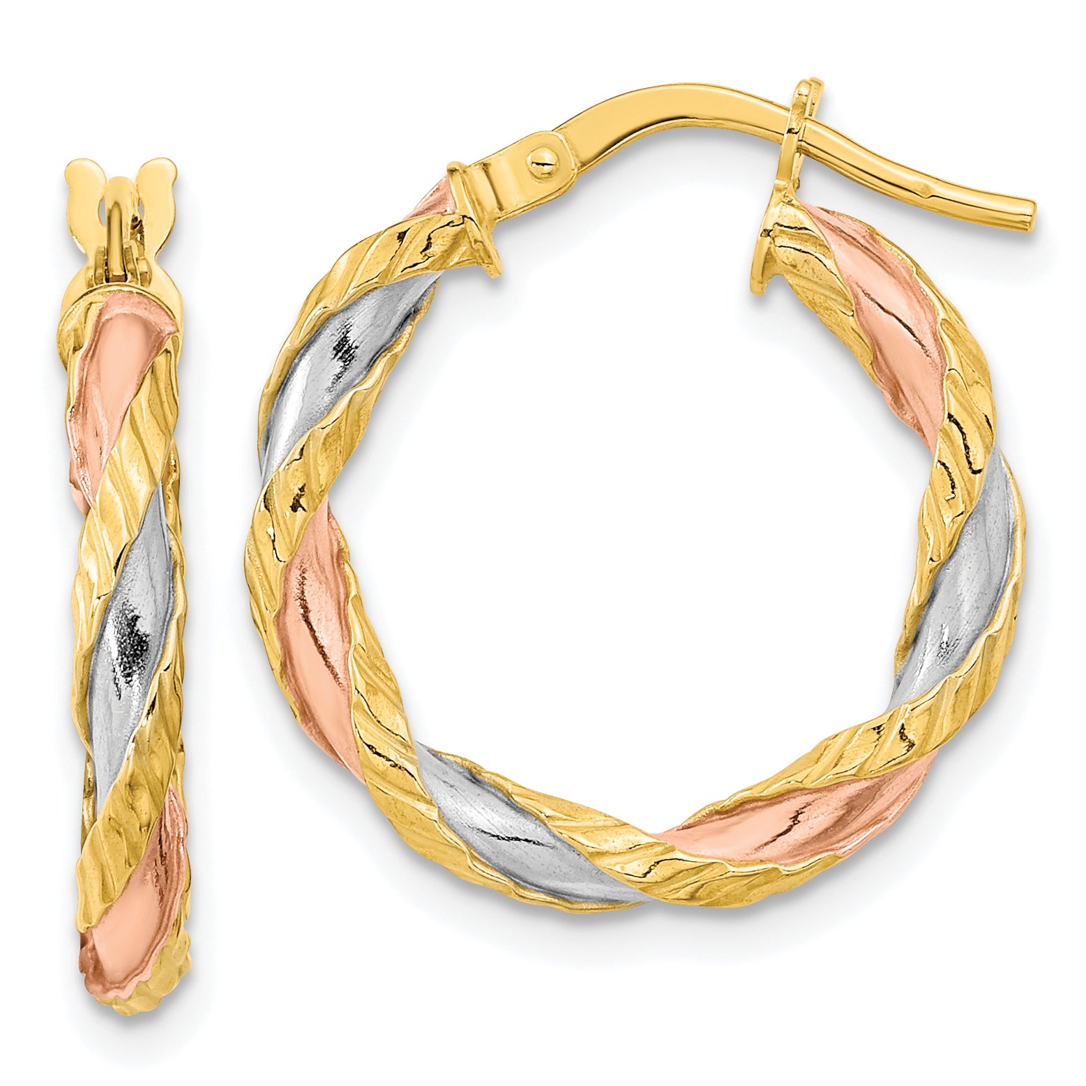 14K with Rose & White Rhodium Textured Twisted Hoop Earrings Main image
