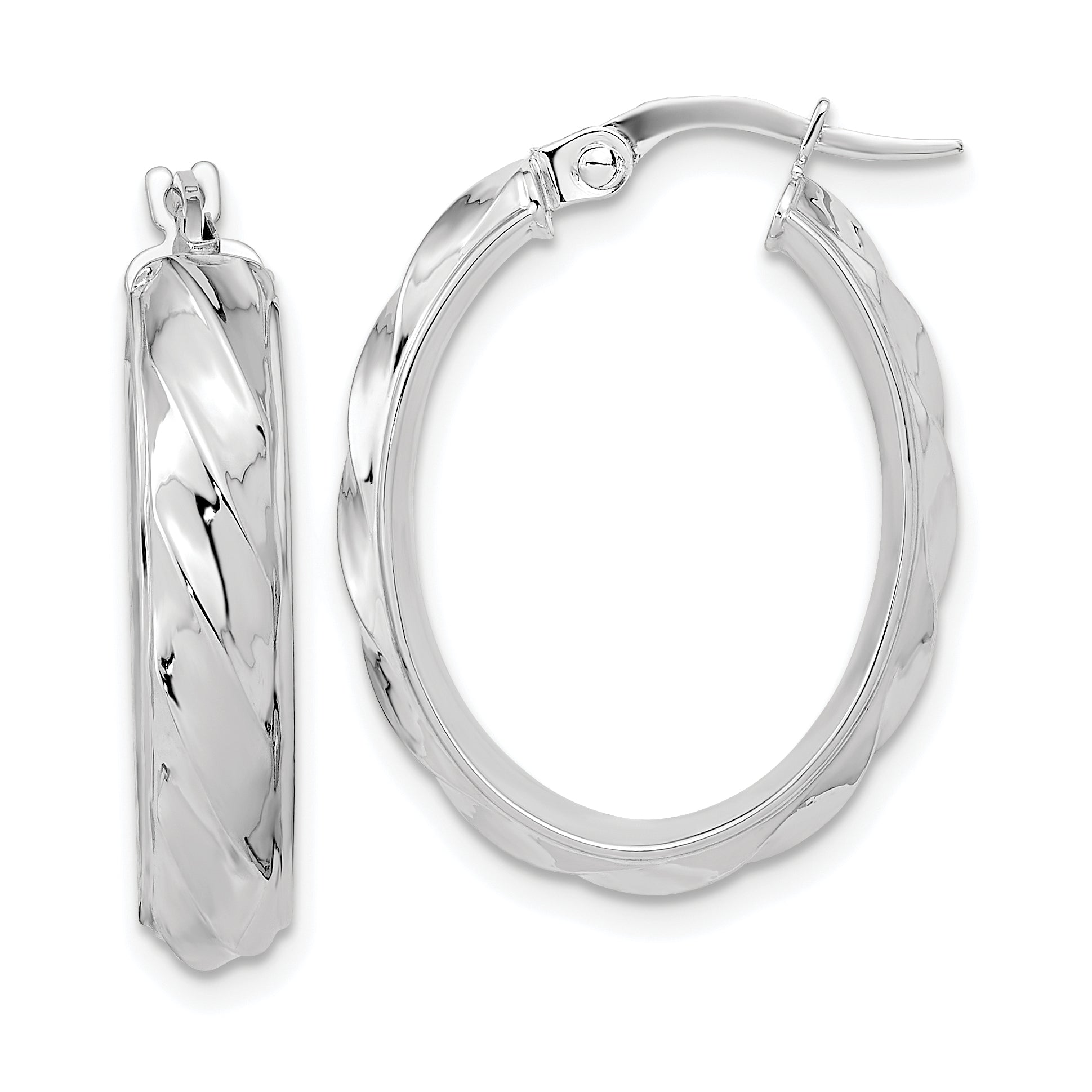 14K White Gold Polished and Twisted Oval Hoop Earrings Main image
