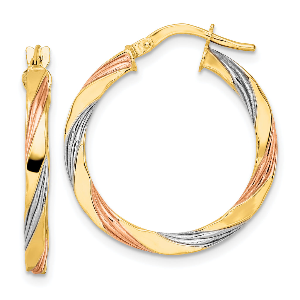 14K W/Rose & White Rhodium Polished Twisted Hoop Earrings