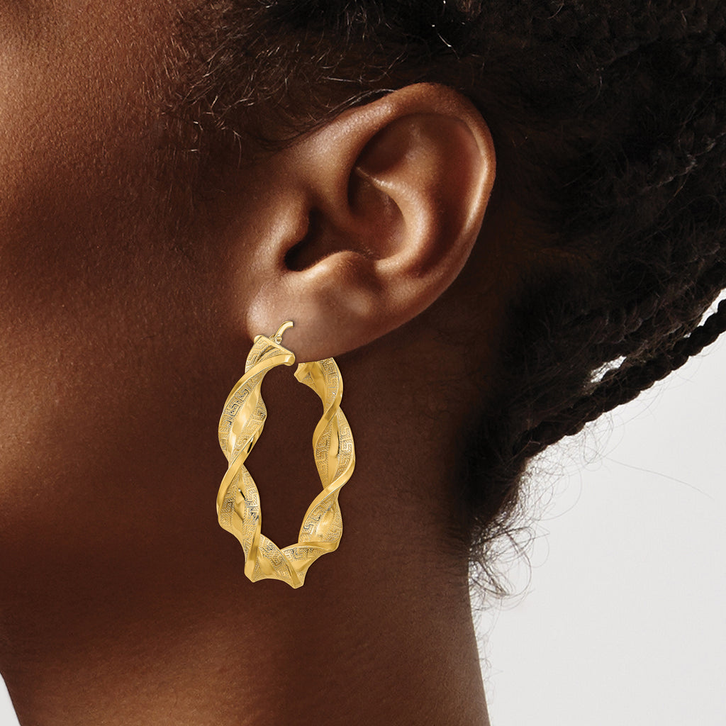 14K Polished & Greek Satin Twisted Hoop Earrings