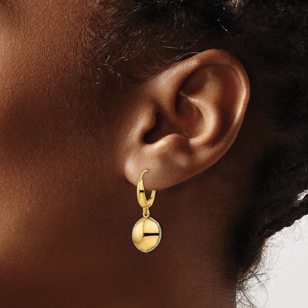 14K Two-tone Polished D/C Hollow Round Criss Cross Leverback Earrings
