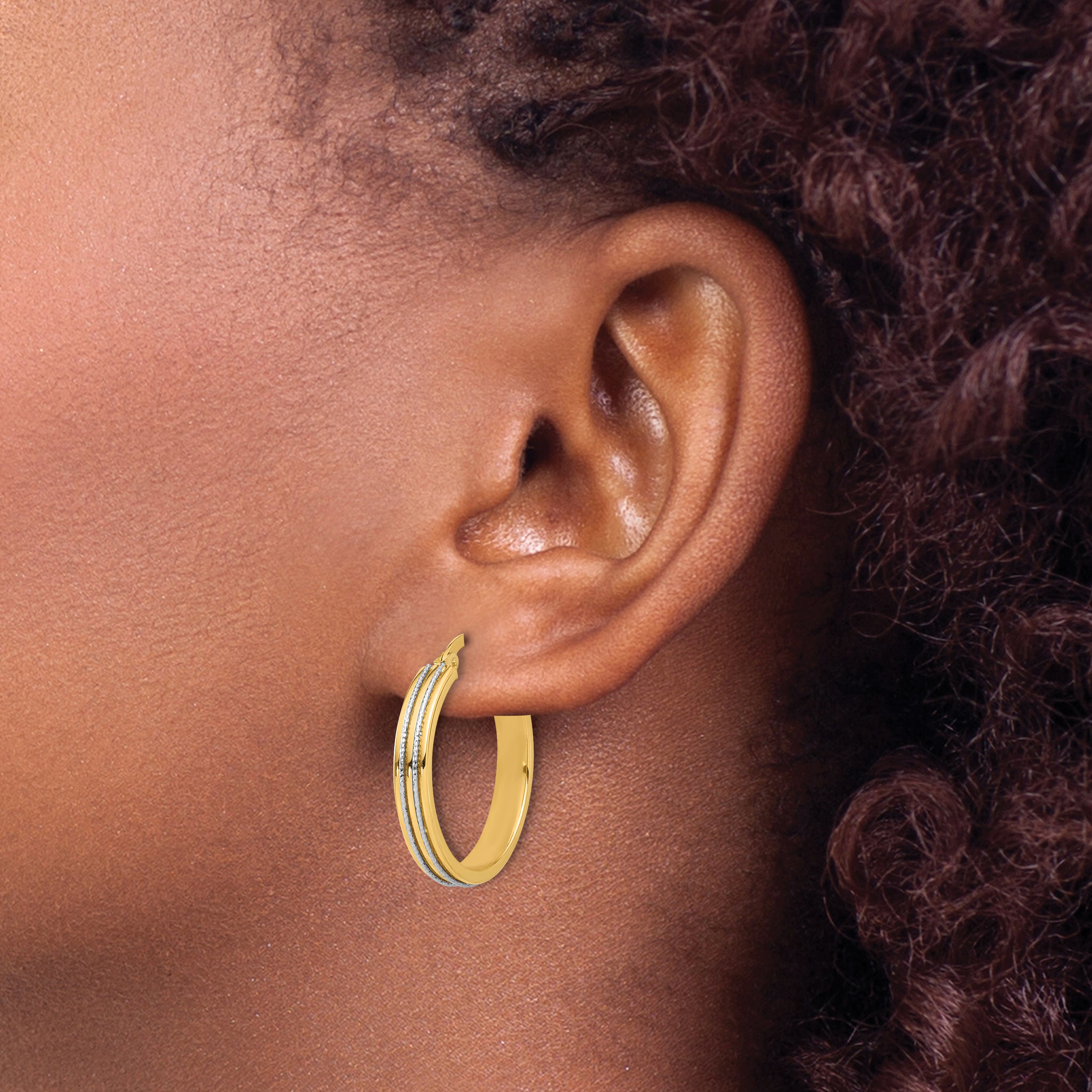 14K Two-tone Polished and Diamond-cut Hoop Earrings